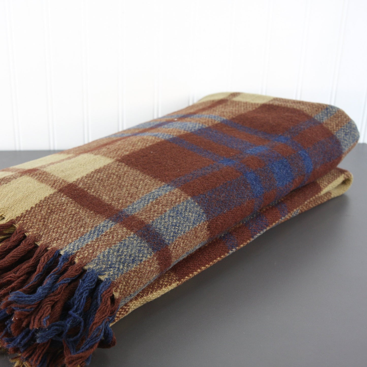 Unlabeled Wool Brown Plaid Fringed Throw 58 X 64