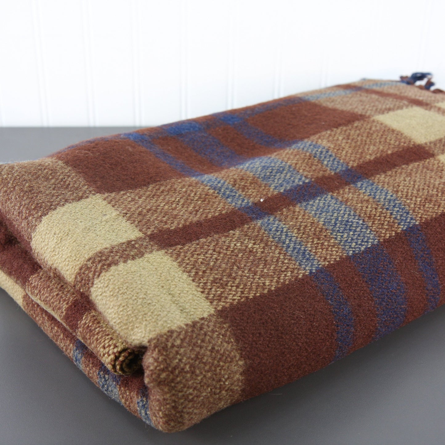 Unlabeled Wool Brown Plaid Fringed Throw 58 X 64