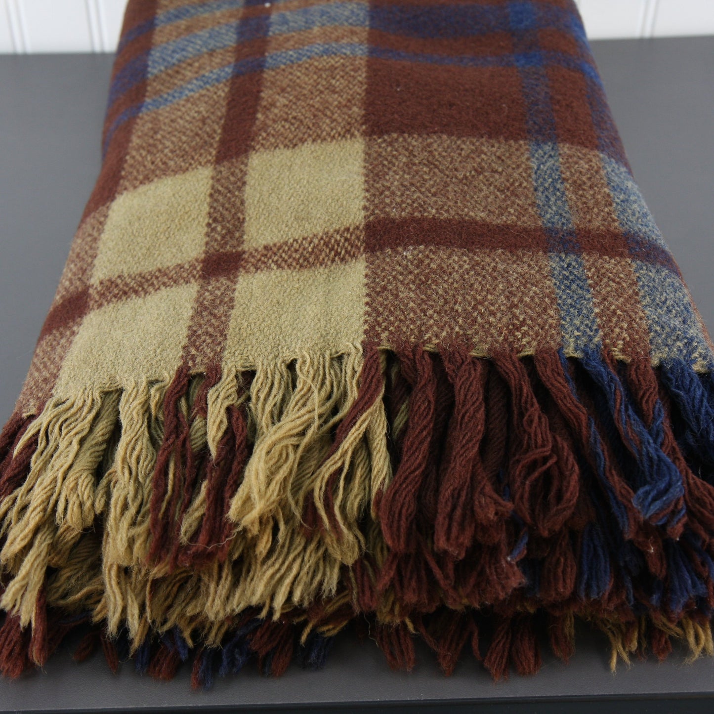 Unlabeled Wool Brown Plaid Fringed Throw 58 X 64