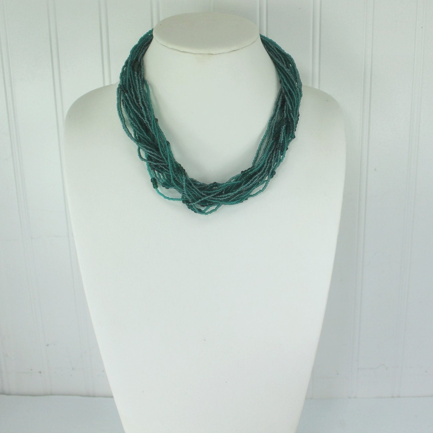 Stunning Teal Iridescent Necklace 24 Strand Tiny Glass Beads neck view