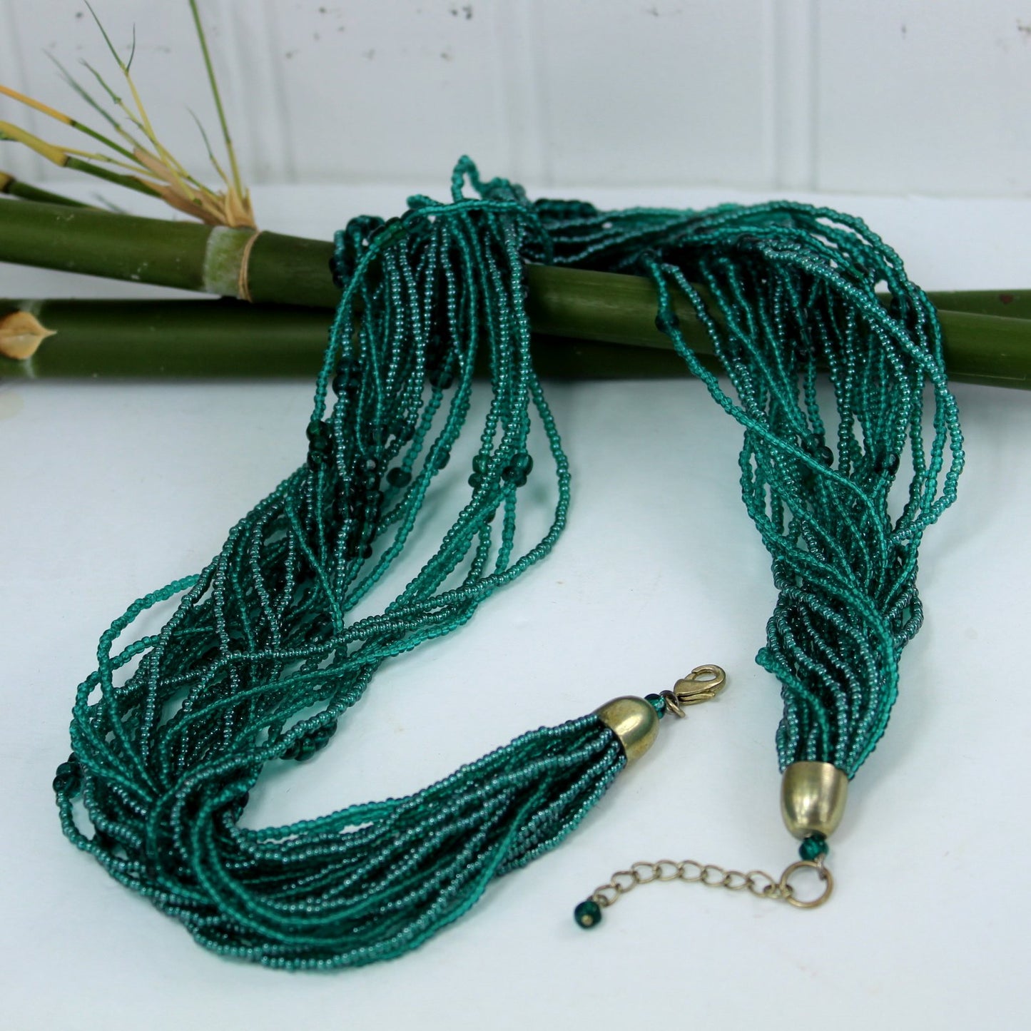 Stunning Teal Iridescent Necklace 24 Strand Tiny Glass Beads
