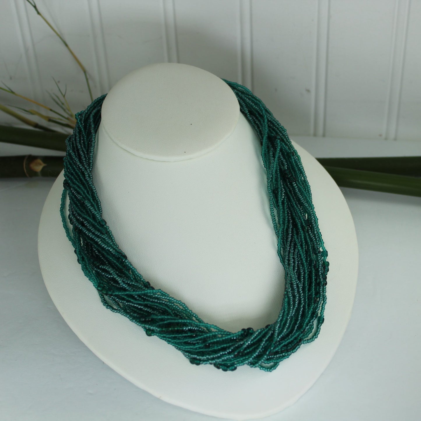 Stunning Teal Iridescent Necklace 24 Strand Tiny Glass Beads closeup
