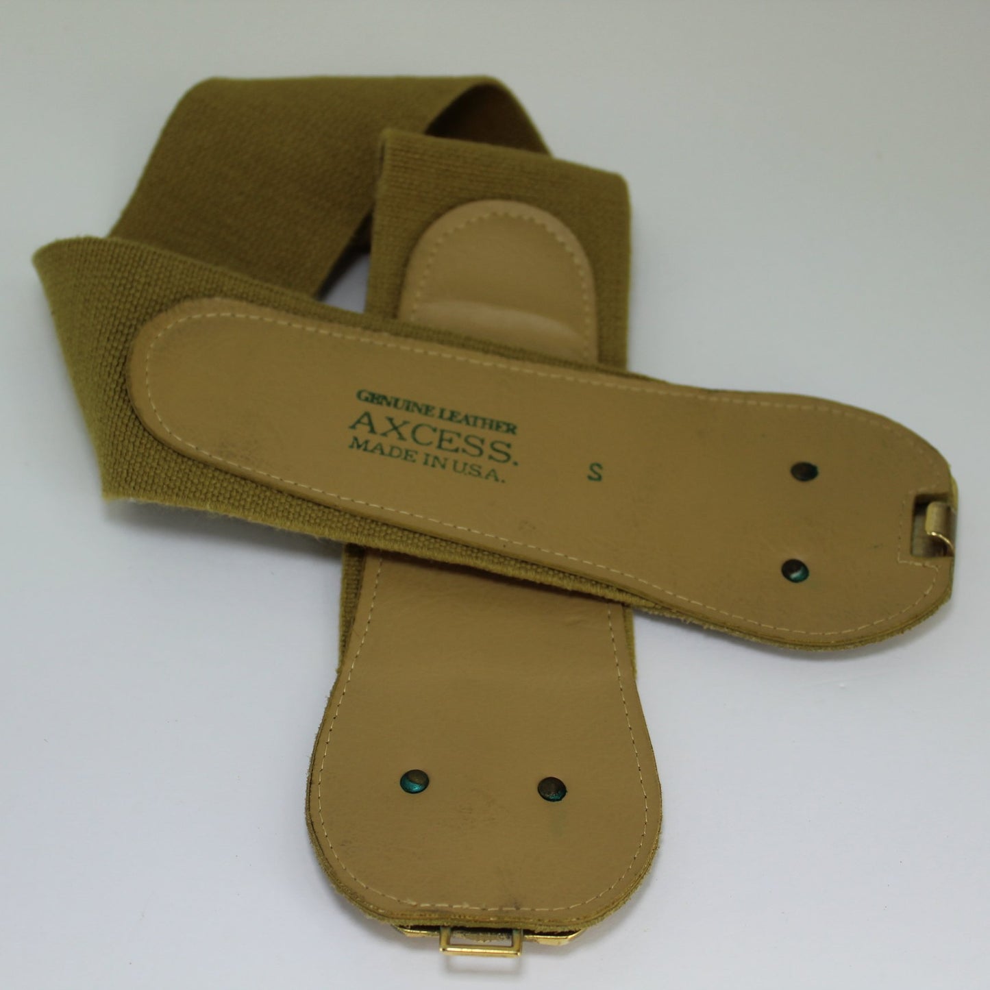 Axcess USA Vintage Tan Handsome Stretch Belt Leather Tab Gold Leaves Buckle reverse belt