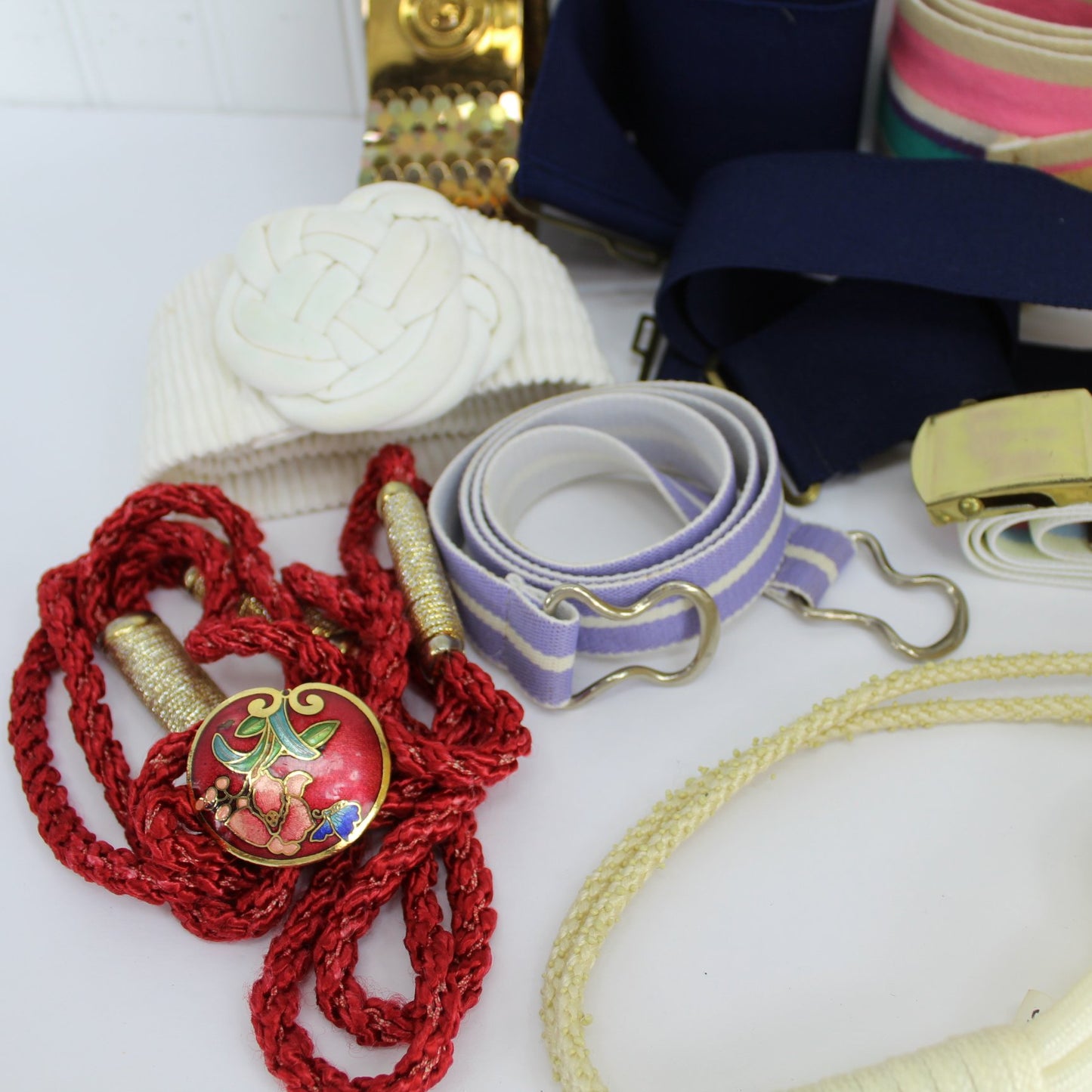 Lot Collection 11 Vintage Belts Stretch Cord Metal Cloisonne Buckle Use DIY cloisonne buckle