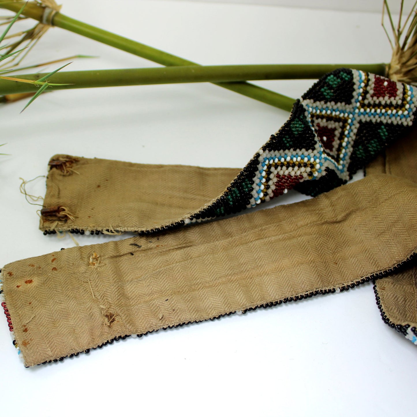 Antique Victorian Era Bead Belt Diamond Design Estate Native American reverse view of belt ends and fabric lining