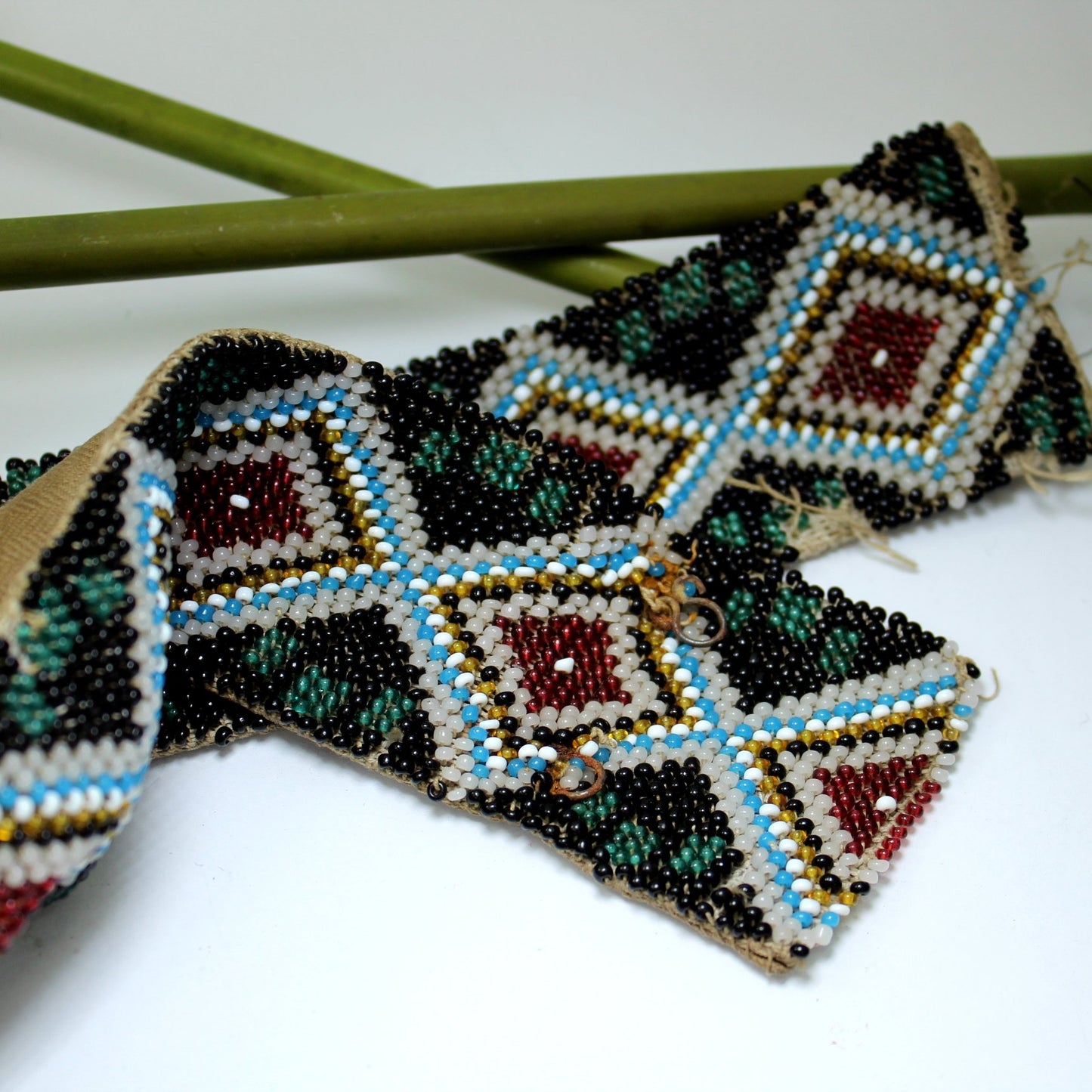 Antique Victorian Era Bead Belt Diamond Design Estate Native American closeup ends of item