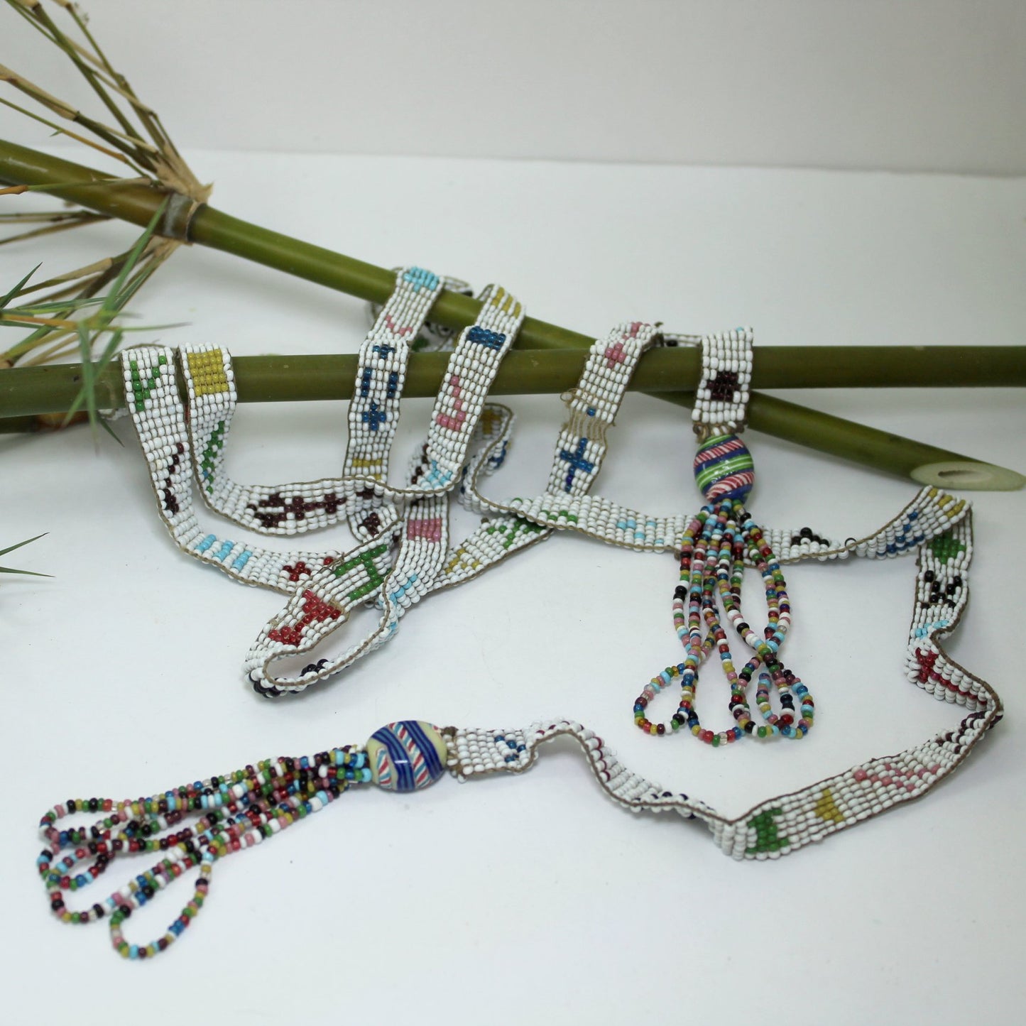 Estate Southwest Native Ceremonial Beaded Tassle Necklace 55" Vintage