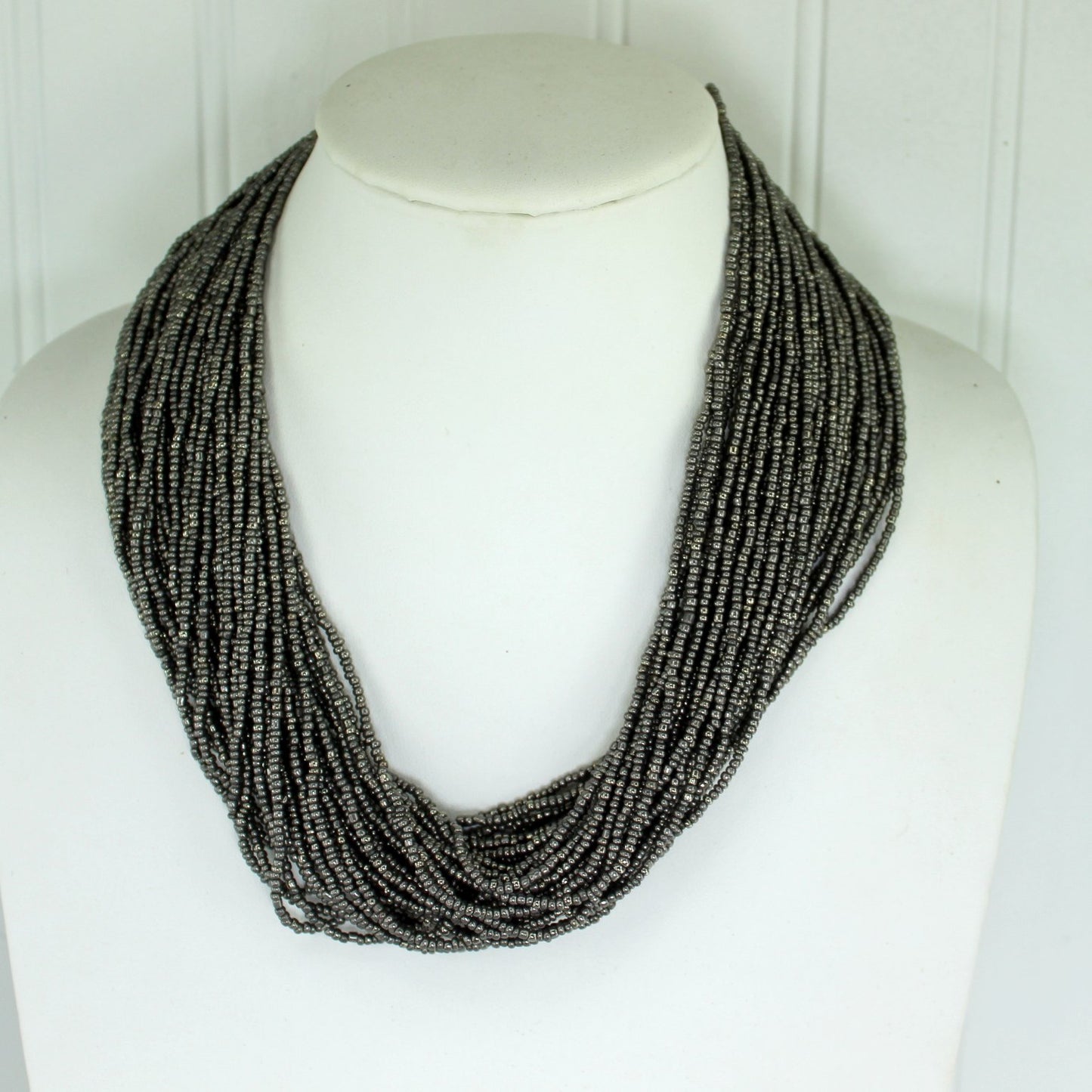 Naga Necklace 40 Strand Charcoal Metallic Glass Seed Beads Copper Closure neck view
