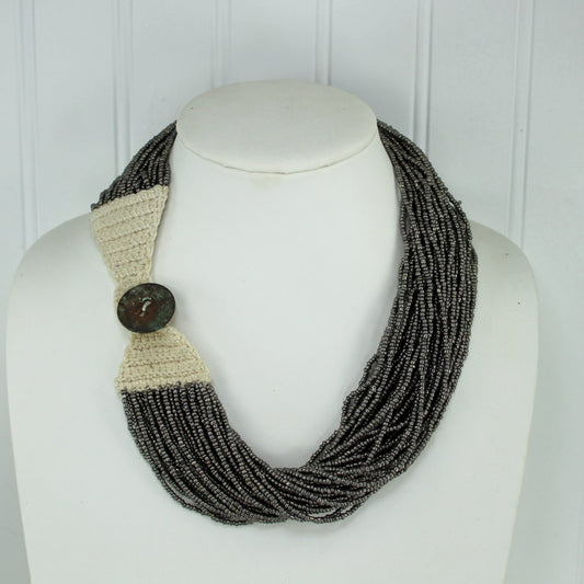 Naga Necklace 40 Strand Charcoal Metallic Glass Seed Beads Copper Closure