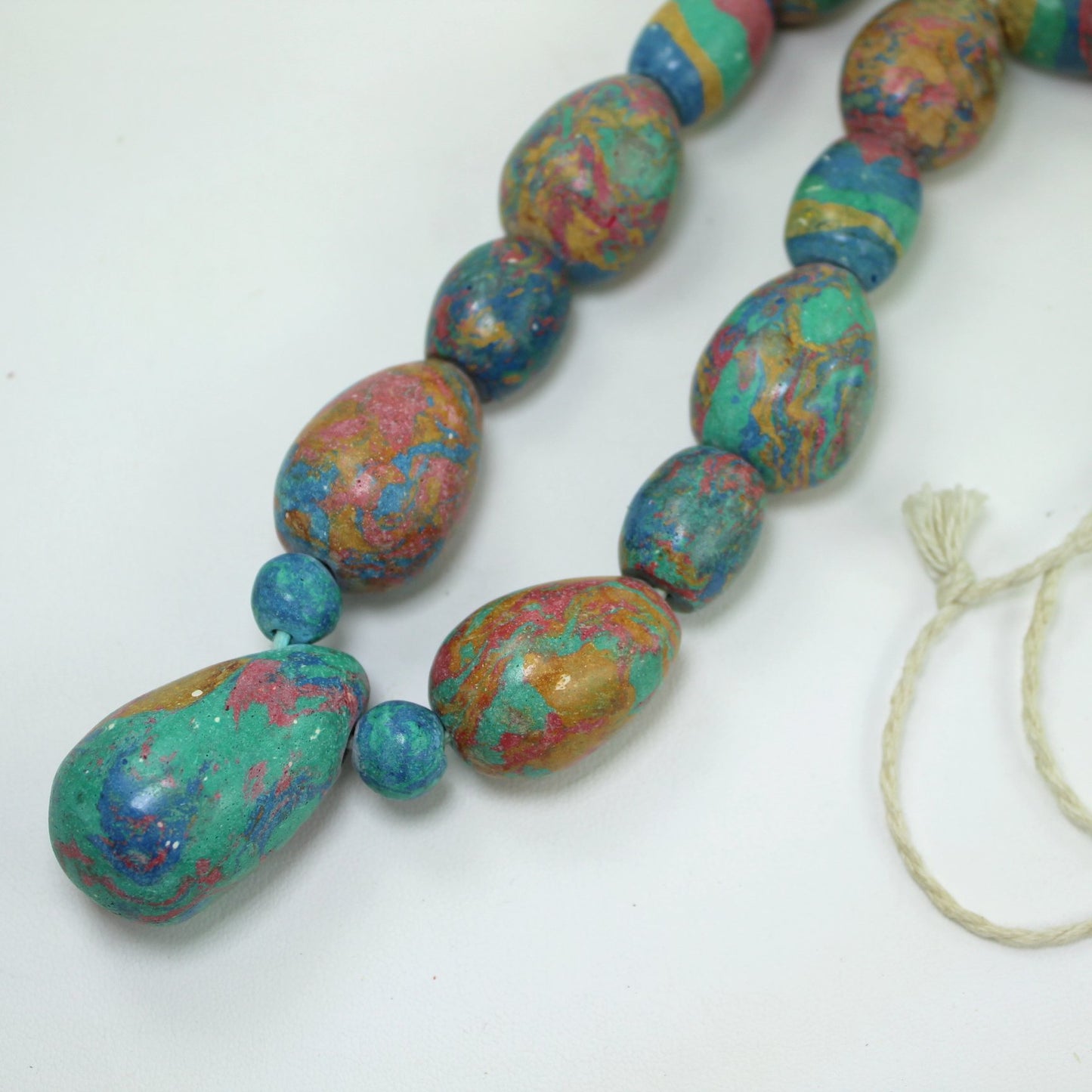 Strand Necklace Large Pastel Clay Hand Made Beads Marbleized Patterns Africa closeup largest beads