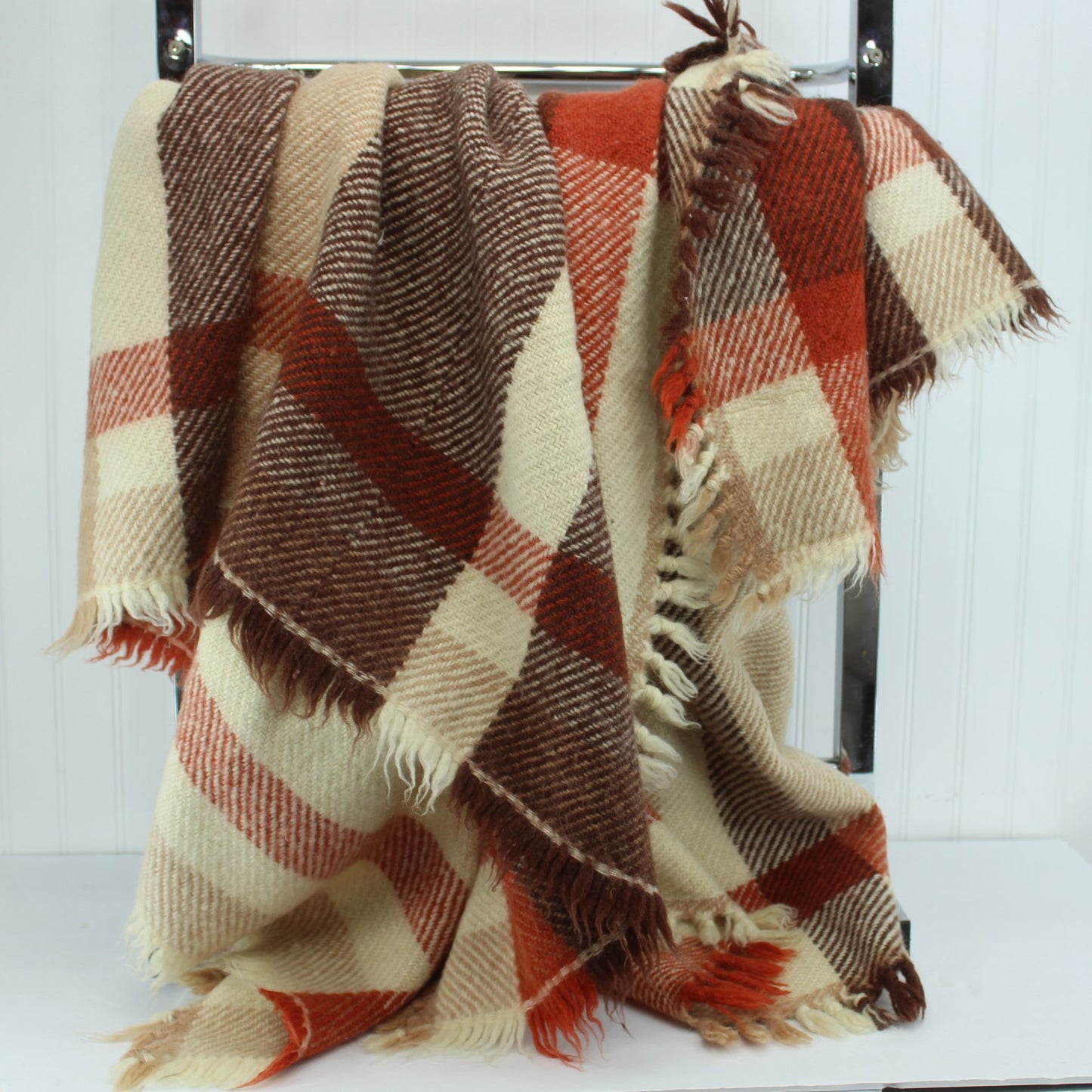 Nerotrivi Greece Heavy Wool Blanket Travel Rug Plaid Brown Sienna Cream Plaid