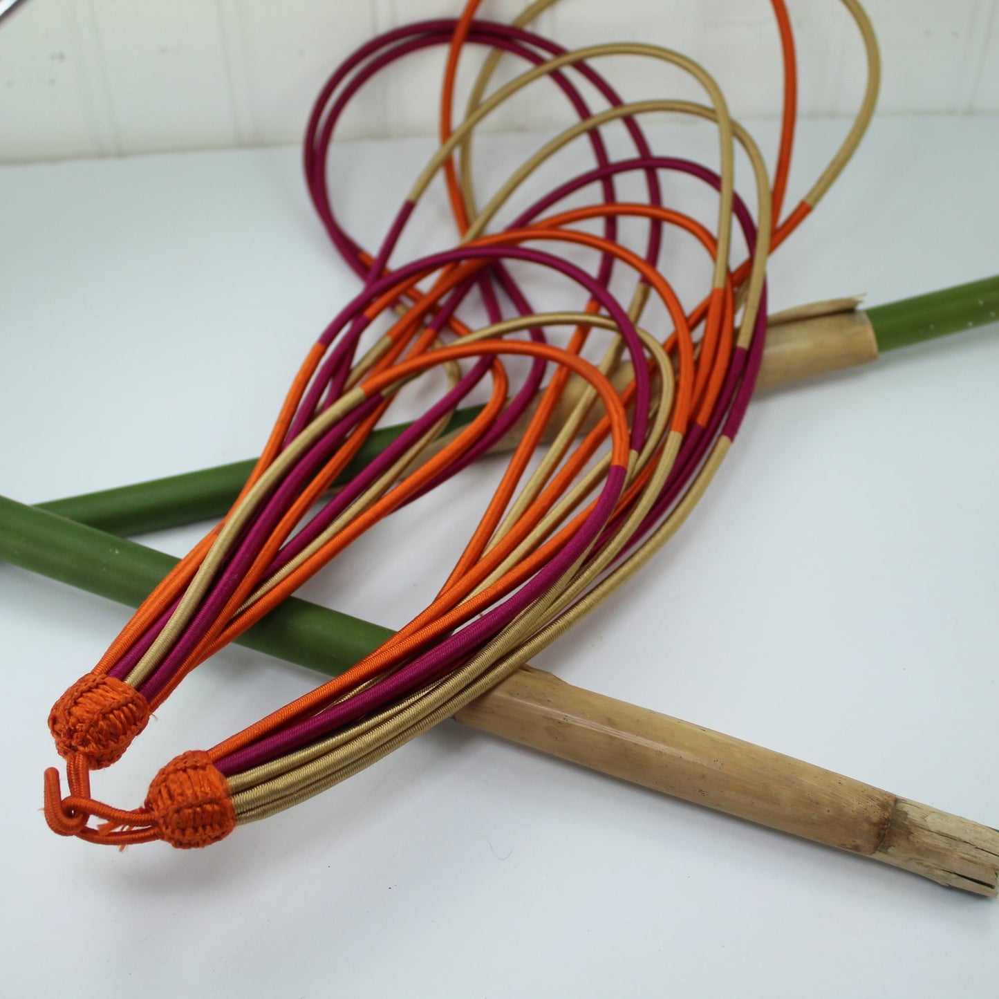 Wrapped Silk Cord Long Necklace 12 Strands Lush Colors Fuchsia Orange Beige closeup of closure