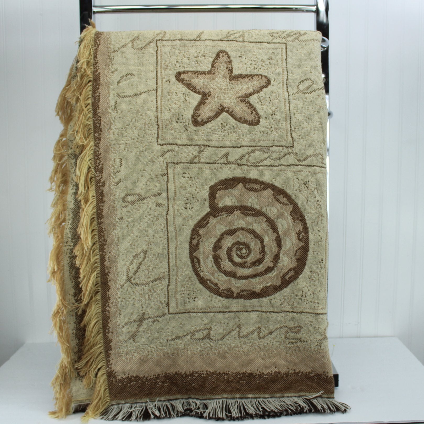 Mohawk Home Fringed Coverlet Bedspread Shells Ivory Browns 78" X 134" shells starfish coastal