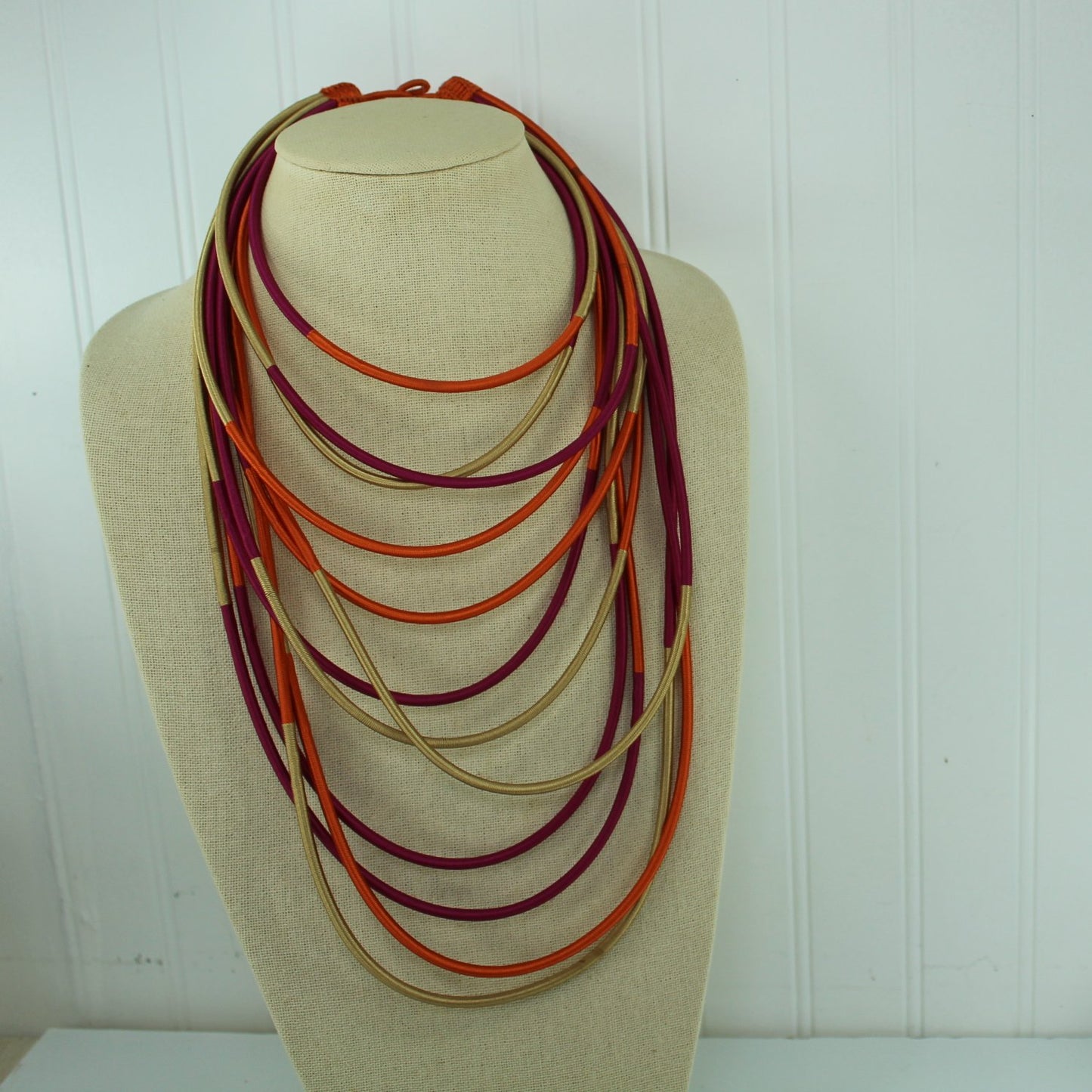 Wrapped Silk Cord Long Necklace 12 Strands Lush Colors Fuchsia Orange Beige arrange as you like