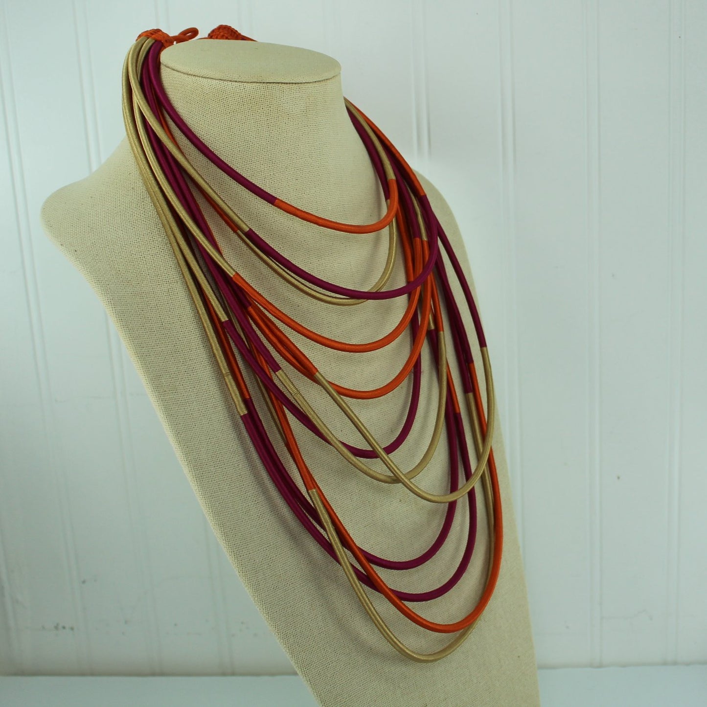 Wrapped Silk Cord Long Necklace 12 Strands Lush Colors Fuchsia Orange Beige