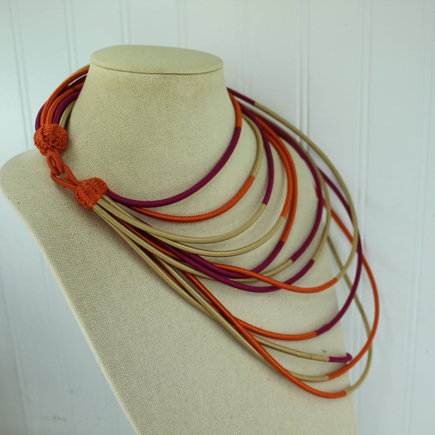 Wrapped Silk Cord Long Necklace 12 Strands Lush Colors Fuchsia Orange Beige closure on neck