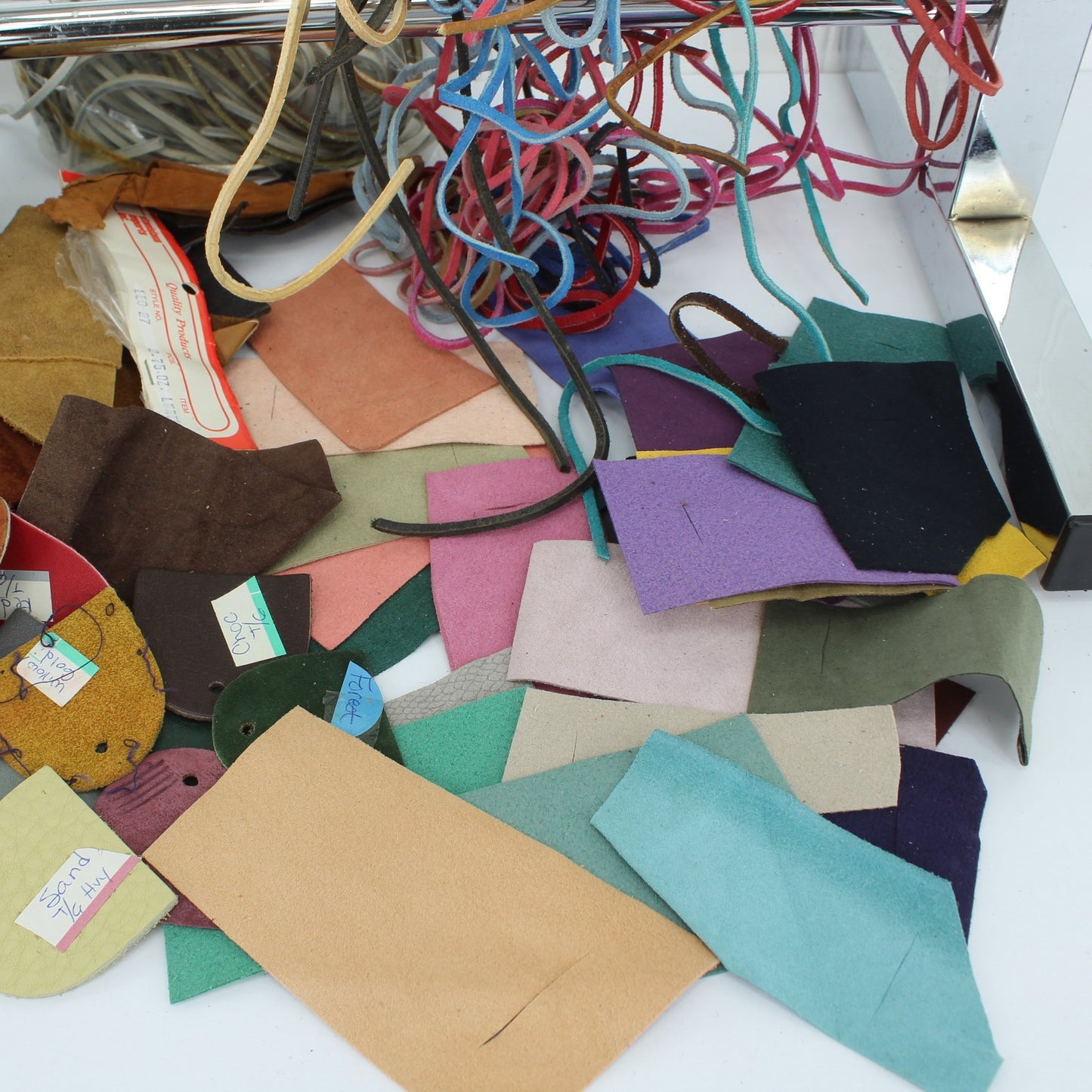 Collection Leather Lacing Strips Samples Pieces Crafts DIY Crafter Estate closeup samples leather suede