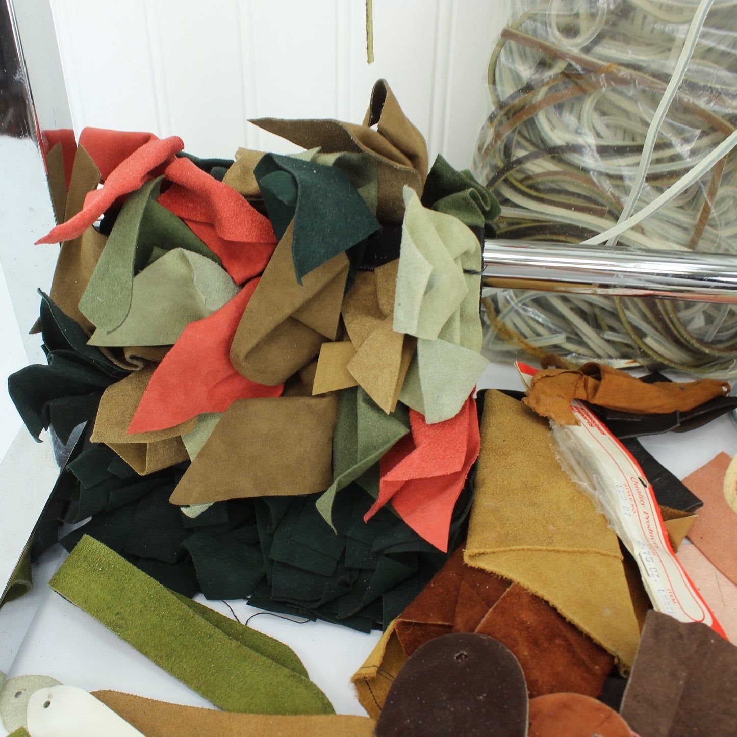 Collection Leather Lacing Strips Samples Pieces Crafts DIY Crafter Estate closeup pillow sample