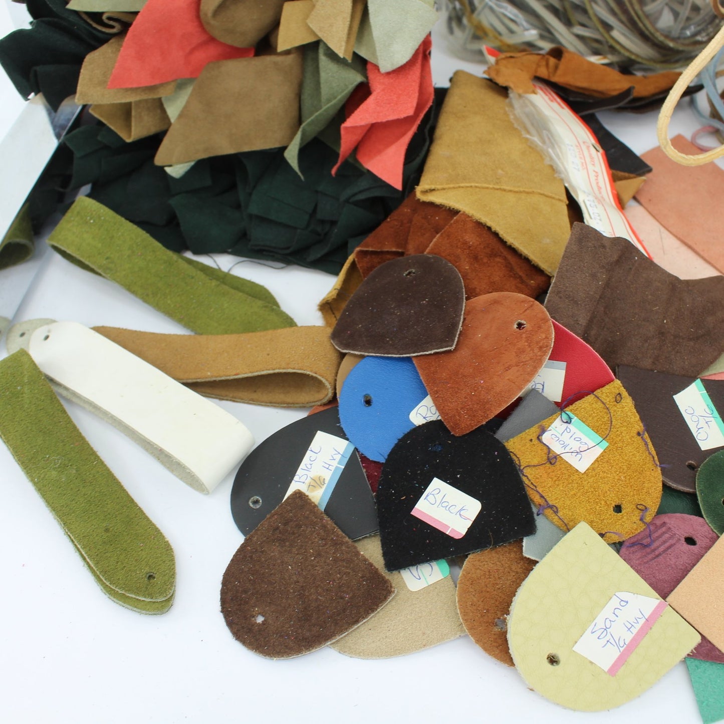 Collection Leather Lacing Strips Samples Pieces Crafts DIY Crafter Estate cloeup samples marked