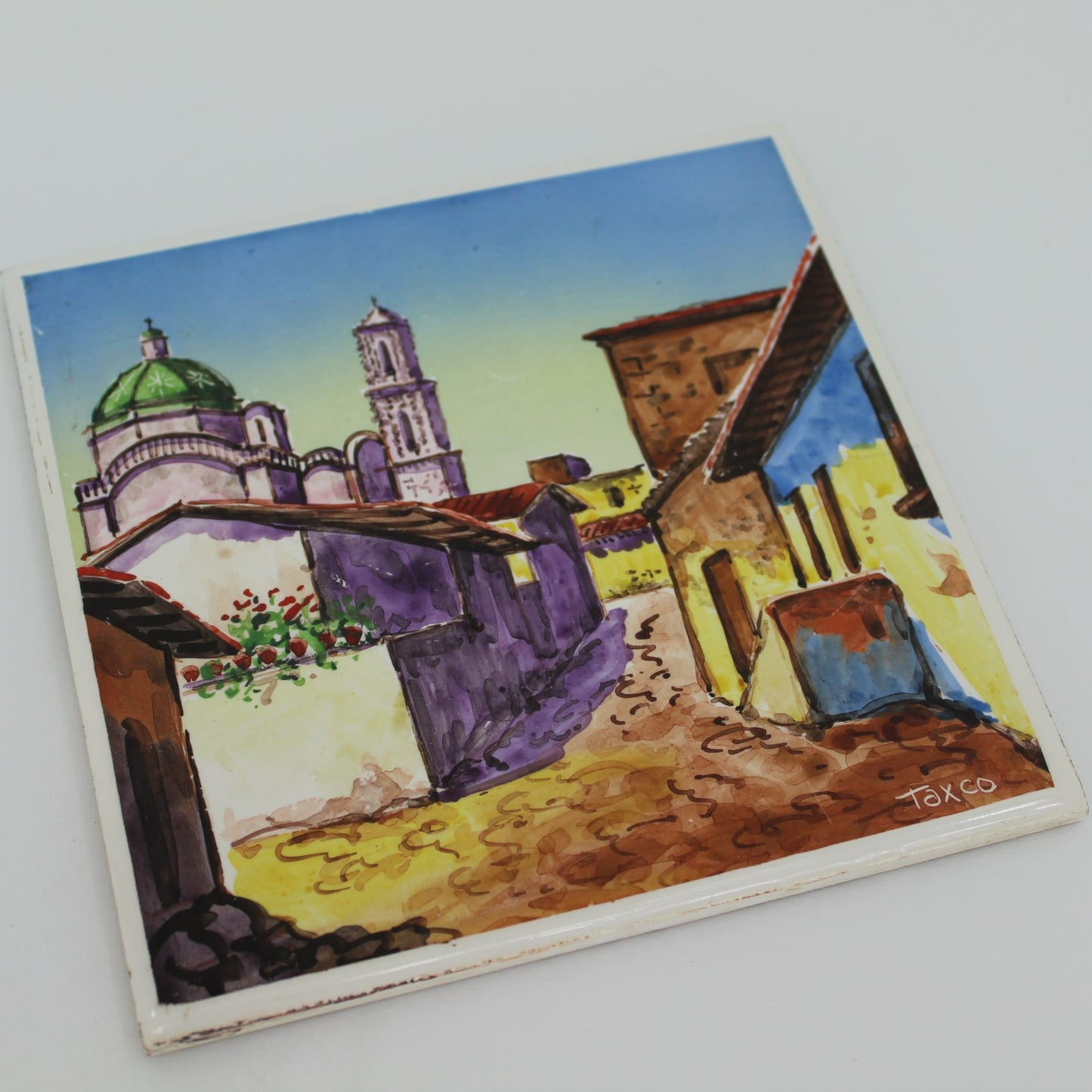 Ceramic Tile Taxco Street Scene Monterrey Tile Mexico flat table view of tile