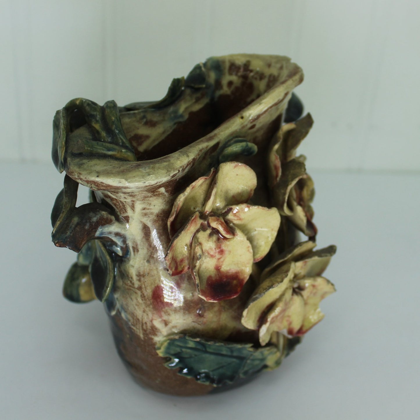 Antique Majolica Vase Red Clay Ohio Estate pansies applied