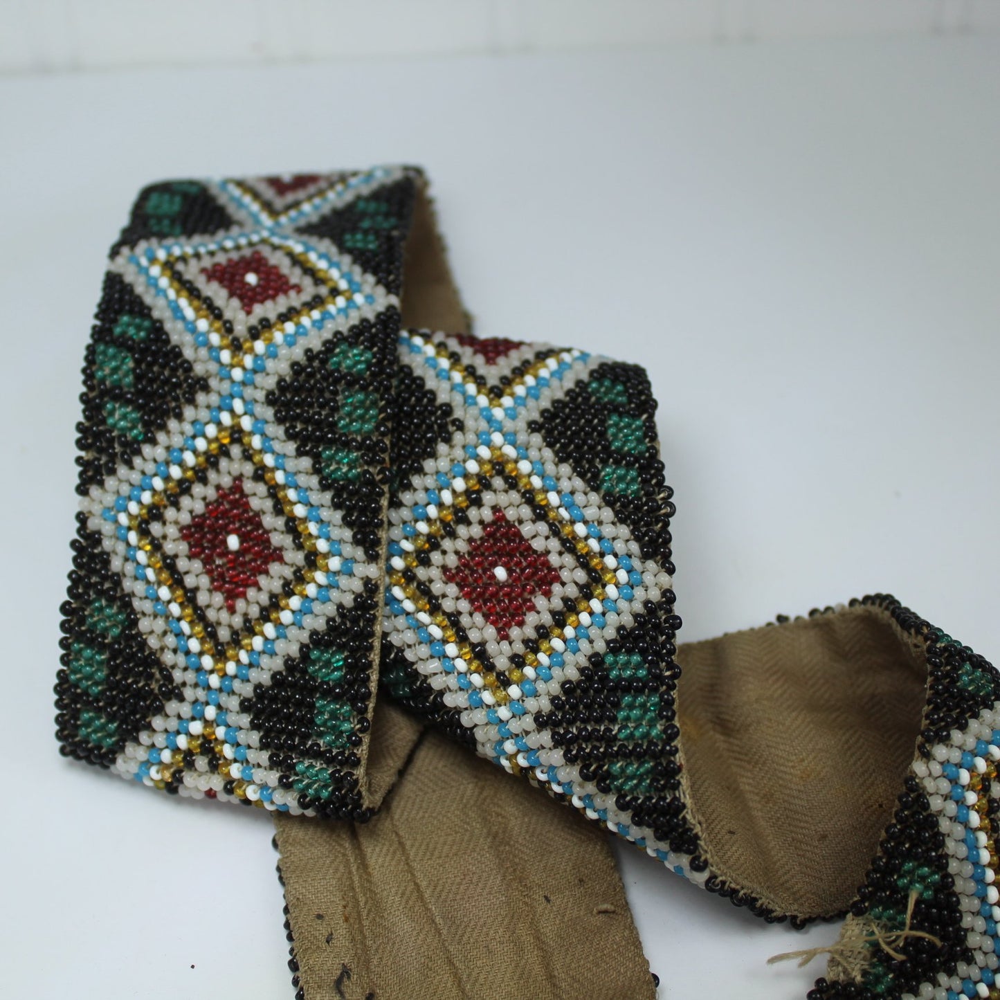 Antique Victorian Era Bead Belt Diamond Design Estate Native American closeup of bead work