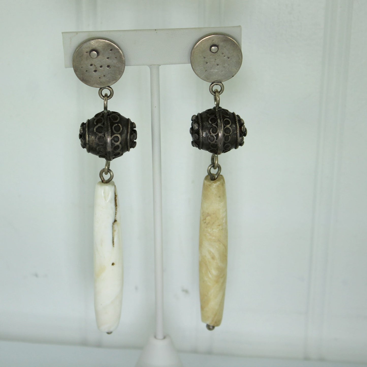 Vintage African Tribal Long Earrings Dangle Metal Shell 4 1/2" Long