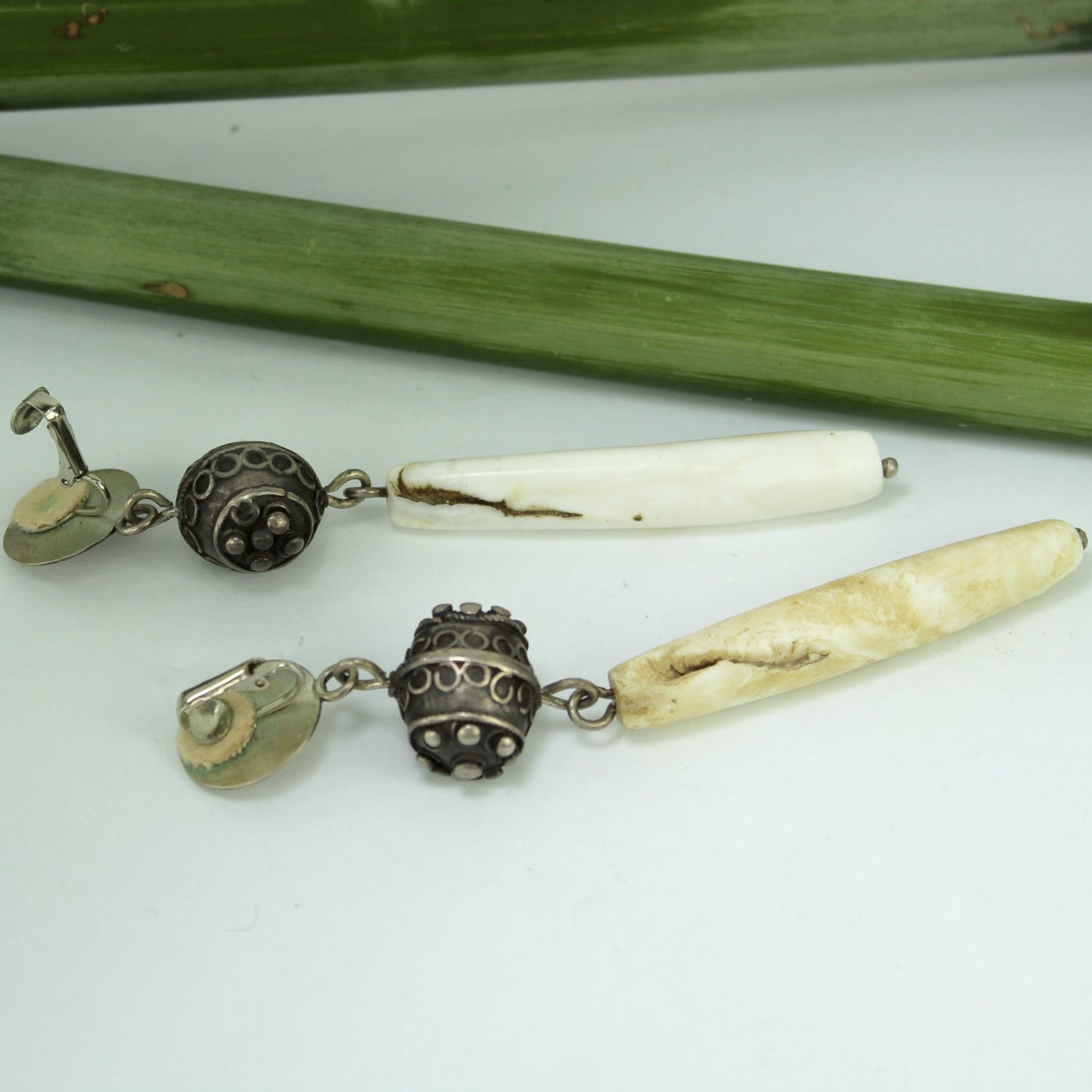 Vintage African Tribal Long Earrings Dangle Metal Shell 4 1/2" Long findings view