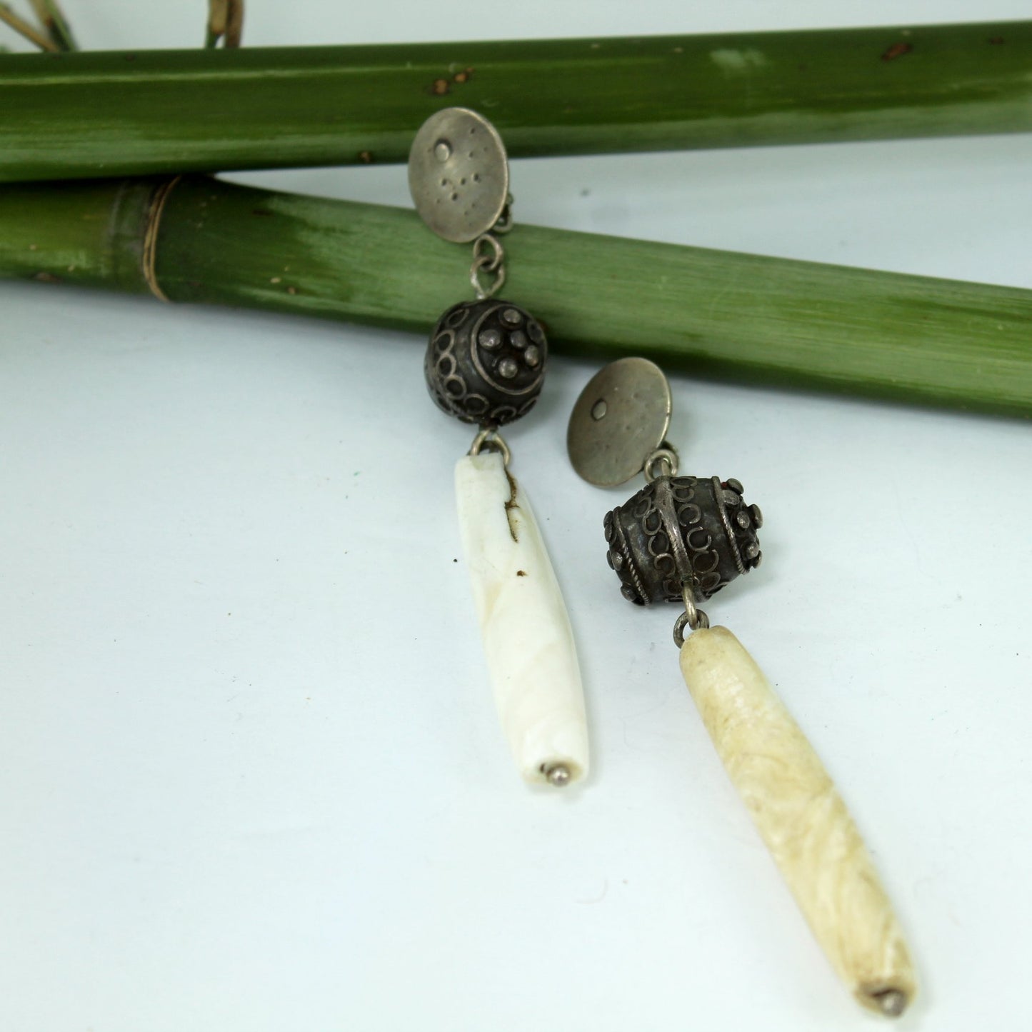 Vintage African Tribal Long Earrings Dangle Metal Shell 4 1/2" Long different coloring same material