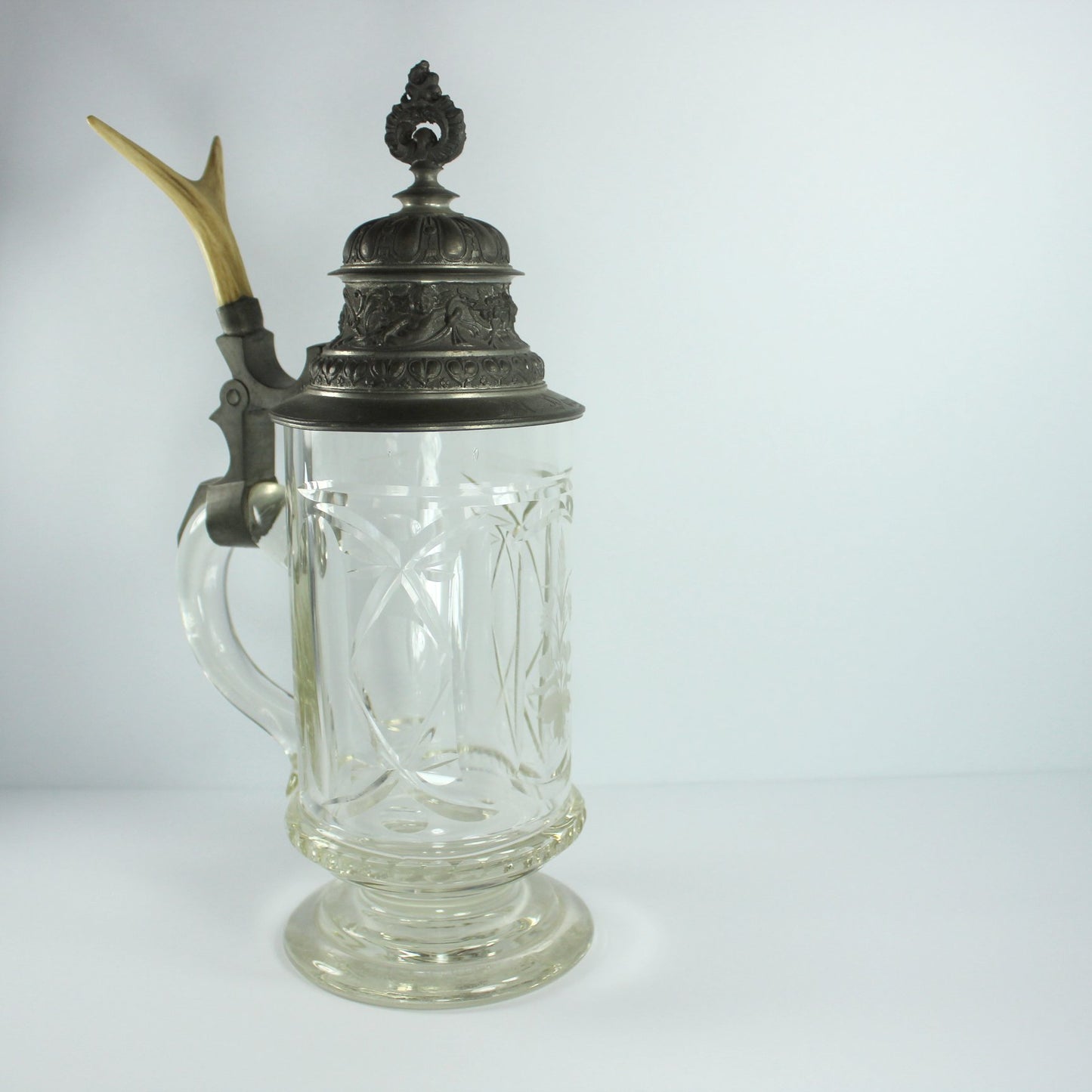 Old German Glass Beer Stein Pewter Lid Antler Handle side view