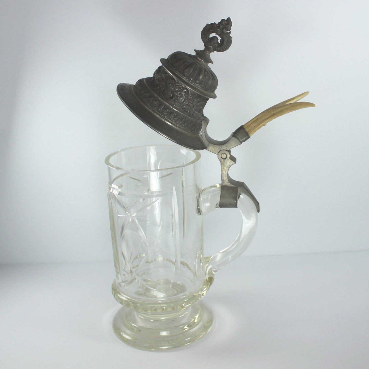 Old German Glass Beer Stein Pewter Lid Antler Handle open lid