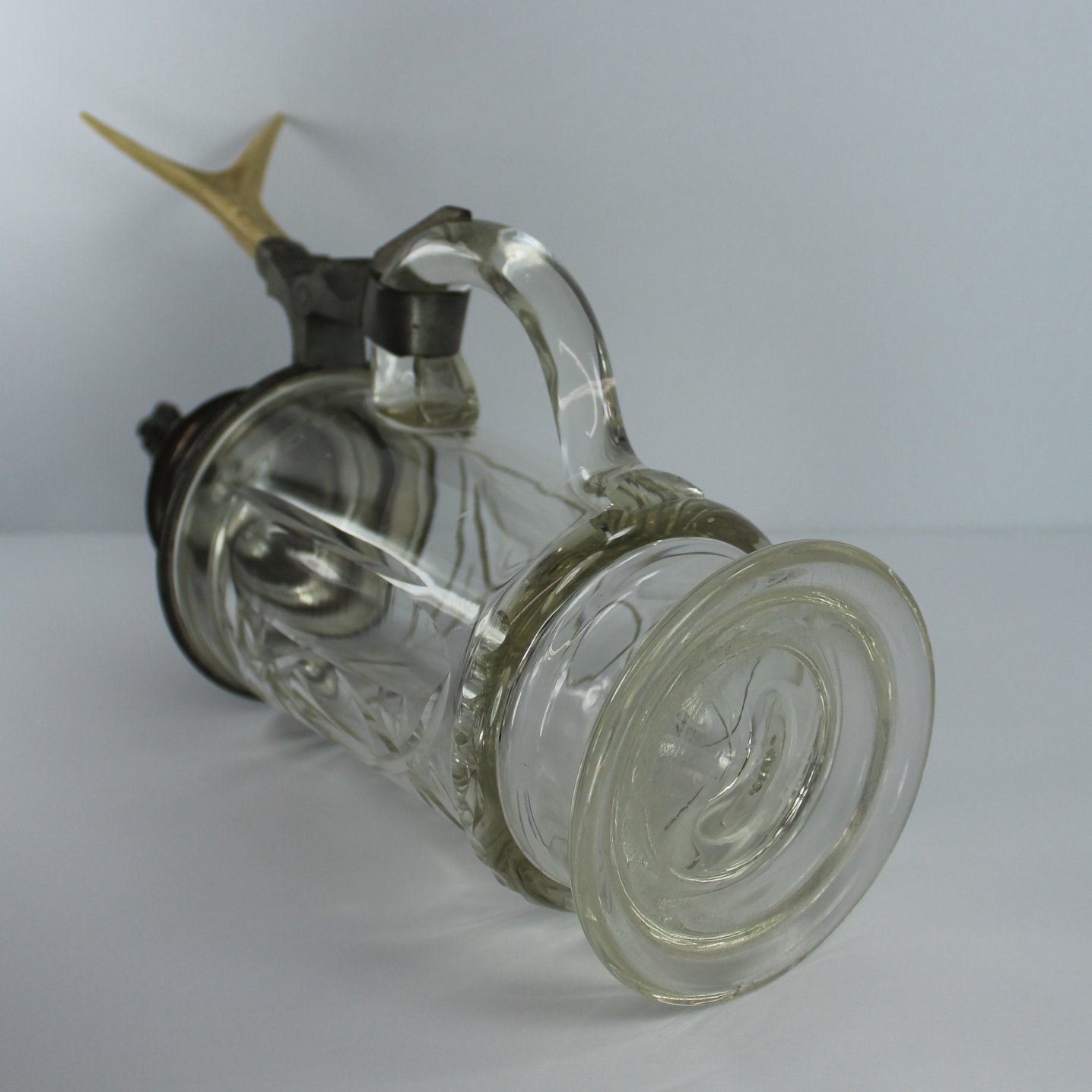 Old German Glass Beer Stein Pewter Lid Antler Handle base of stein