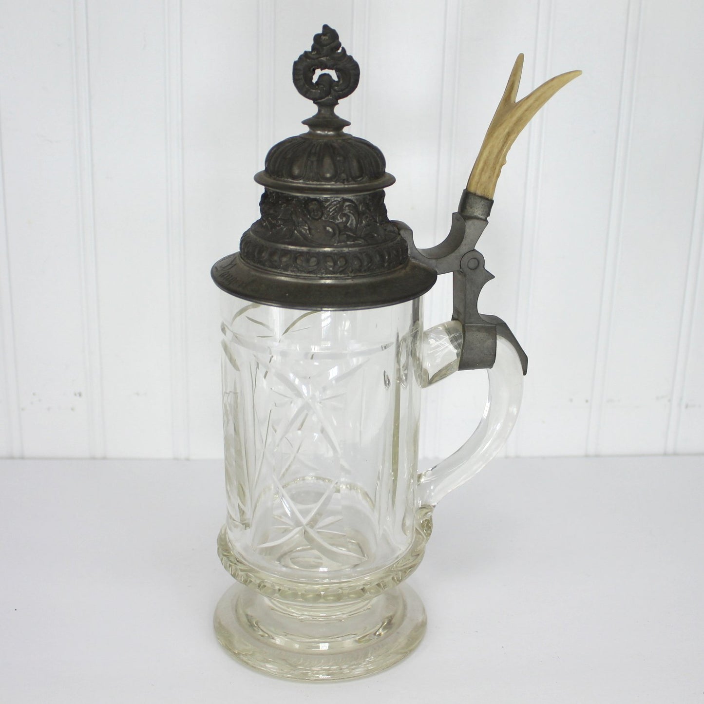 Old German Glass Beer Stein Pewter Lid Antler Handle