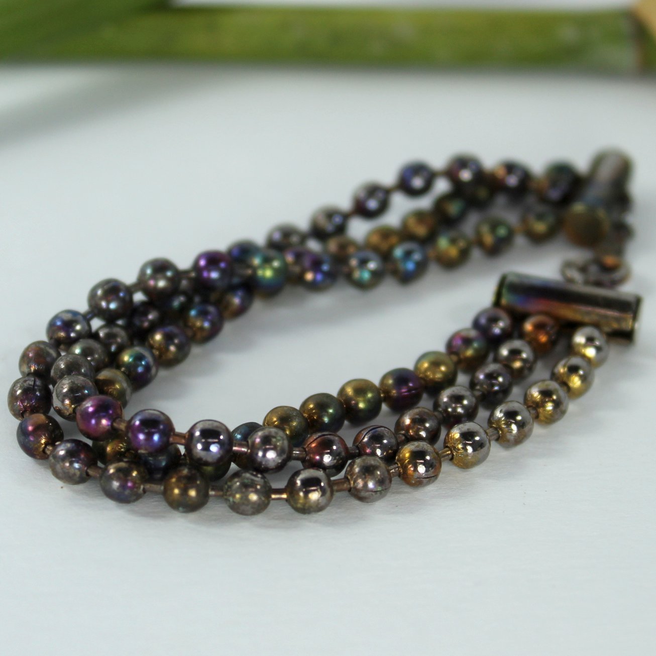 Iridescent Ball Chain Bracelet 7 1/2" Length Metallic Colors closeup of ball beads and chain