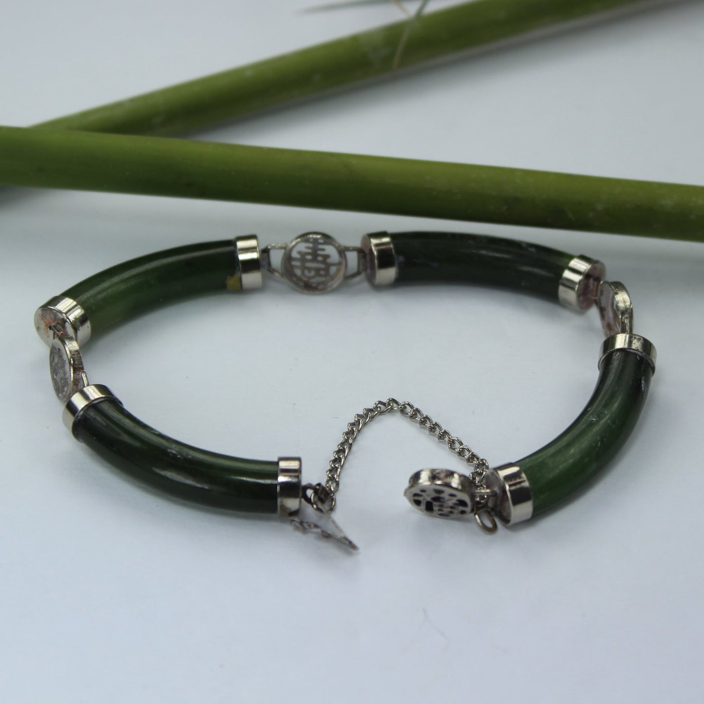 Jade Tube Link Bracelet 8" Length Silver Tone Safety Chain 1 1/4" jade links