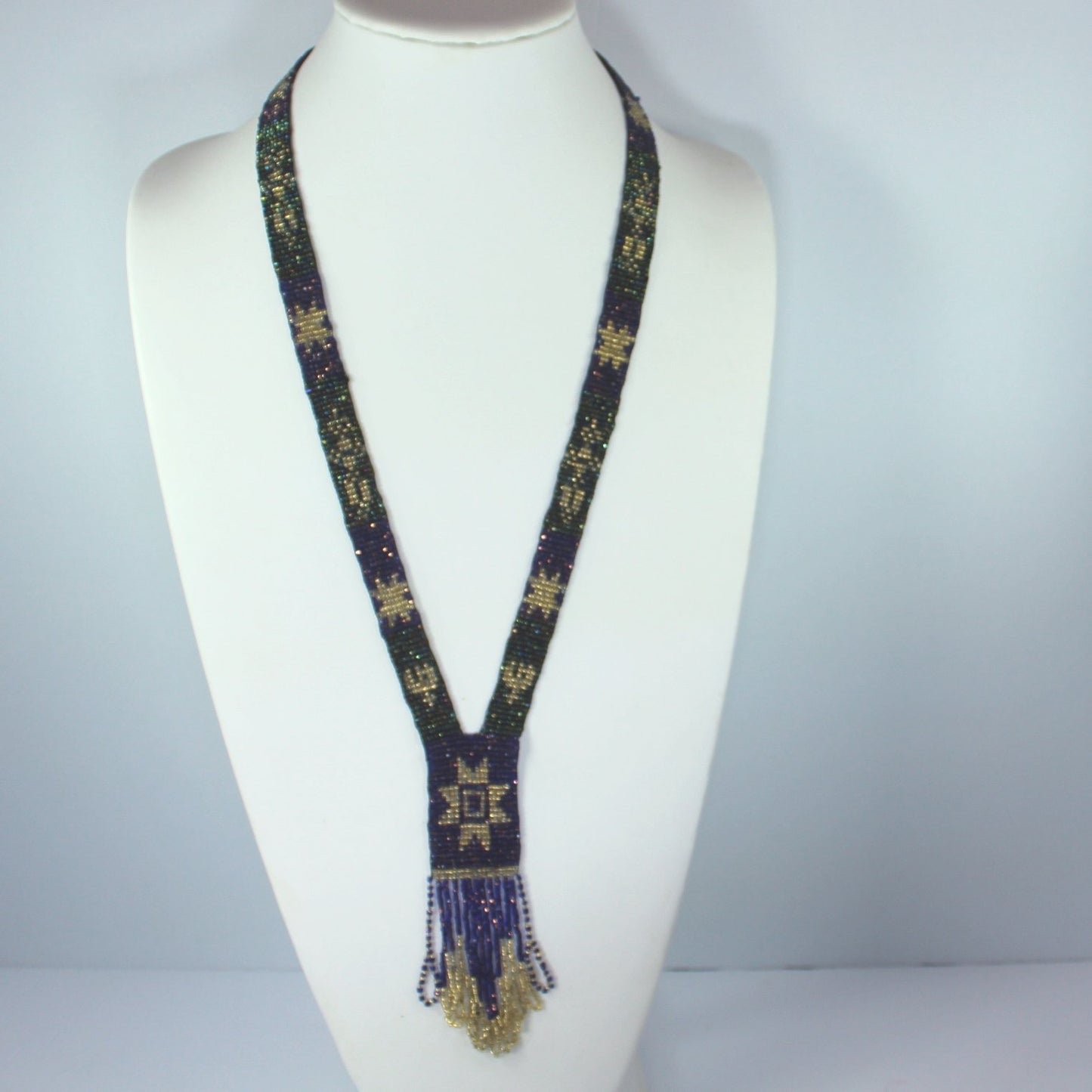 Beautiful Estate Woven Bead Necklace Yoke Style Gorgeous Purple Gold Metallic