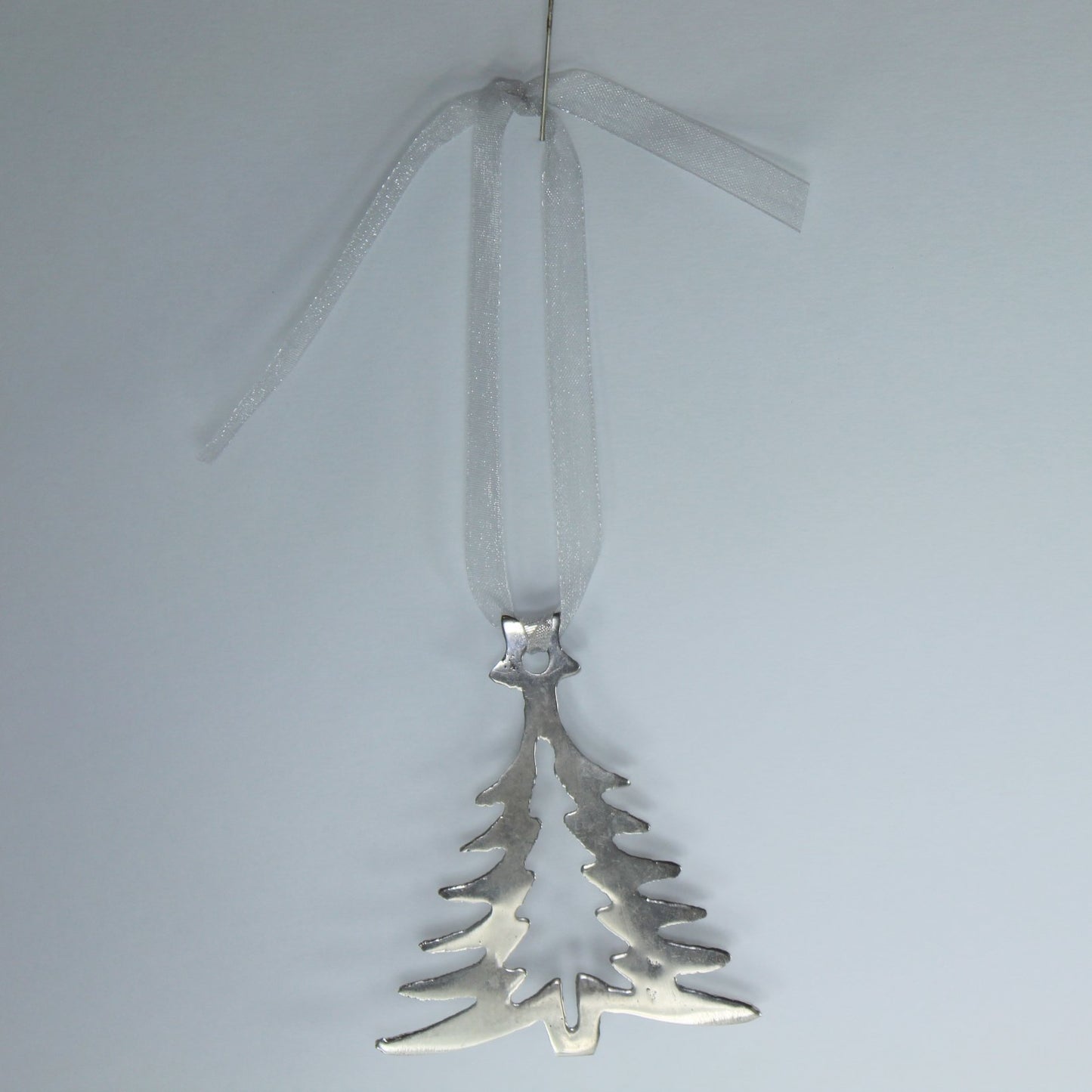 Holiday Christmas Ornament Silver Metal Cutout Tree Hand Made full length pix