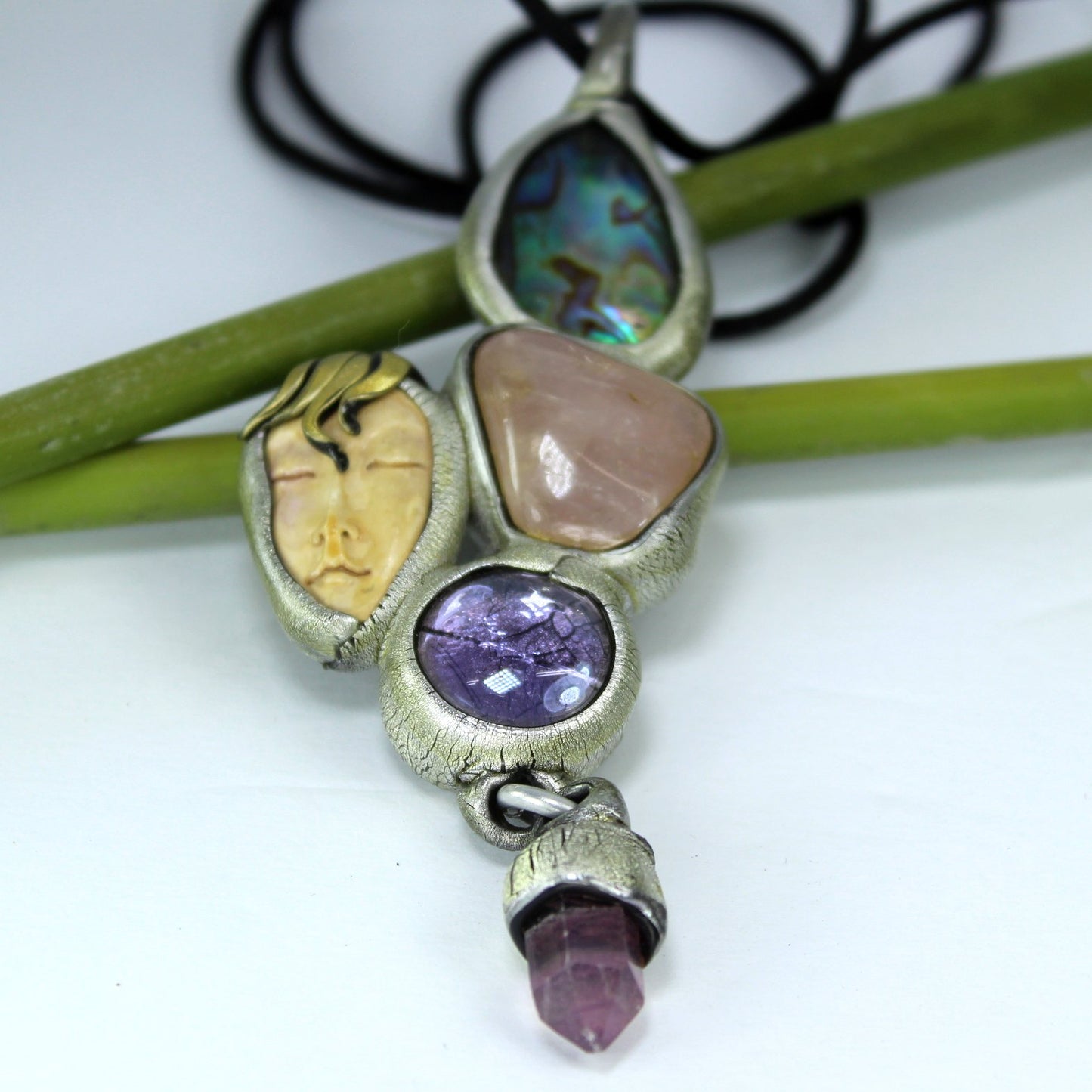Susan Sorrentino Necklace Vintage Early Work Face Stones pendant closeup
