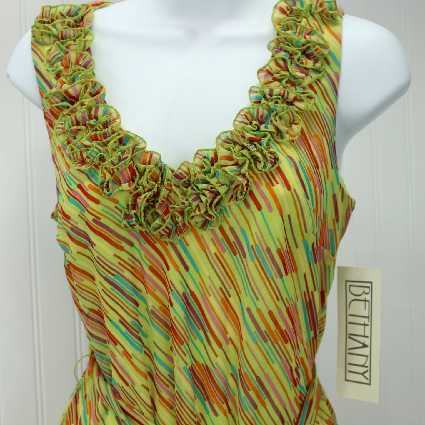 Bethany Dress New With Tags Size 6P Lime Lilac Flounced Skirt Ruffle Neck front view top