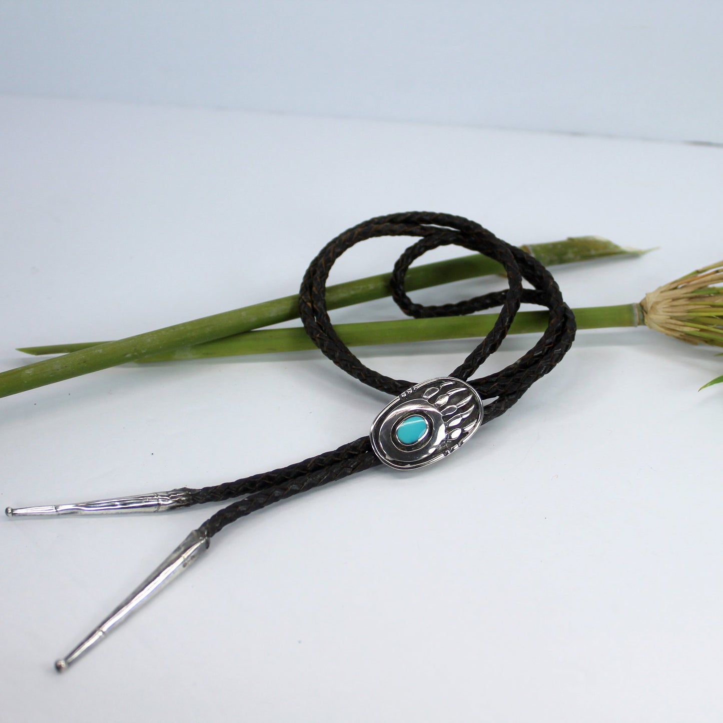 Navajo Vintage Bolo Silver Turquoise 1950s 60s Bennett Clasp Fine Oval Bear Claw Design Estate view total bolo