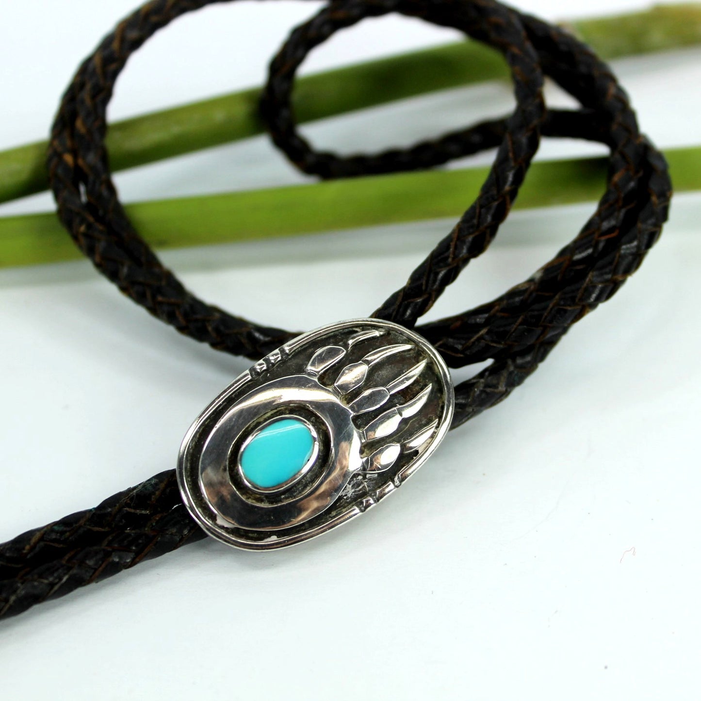 Navajo Vintage Bolo Silver Turquoise 1950s 60s Bennett Clasp Fine Oval Bear Claw Design Estate closeup view slide