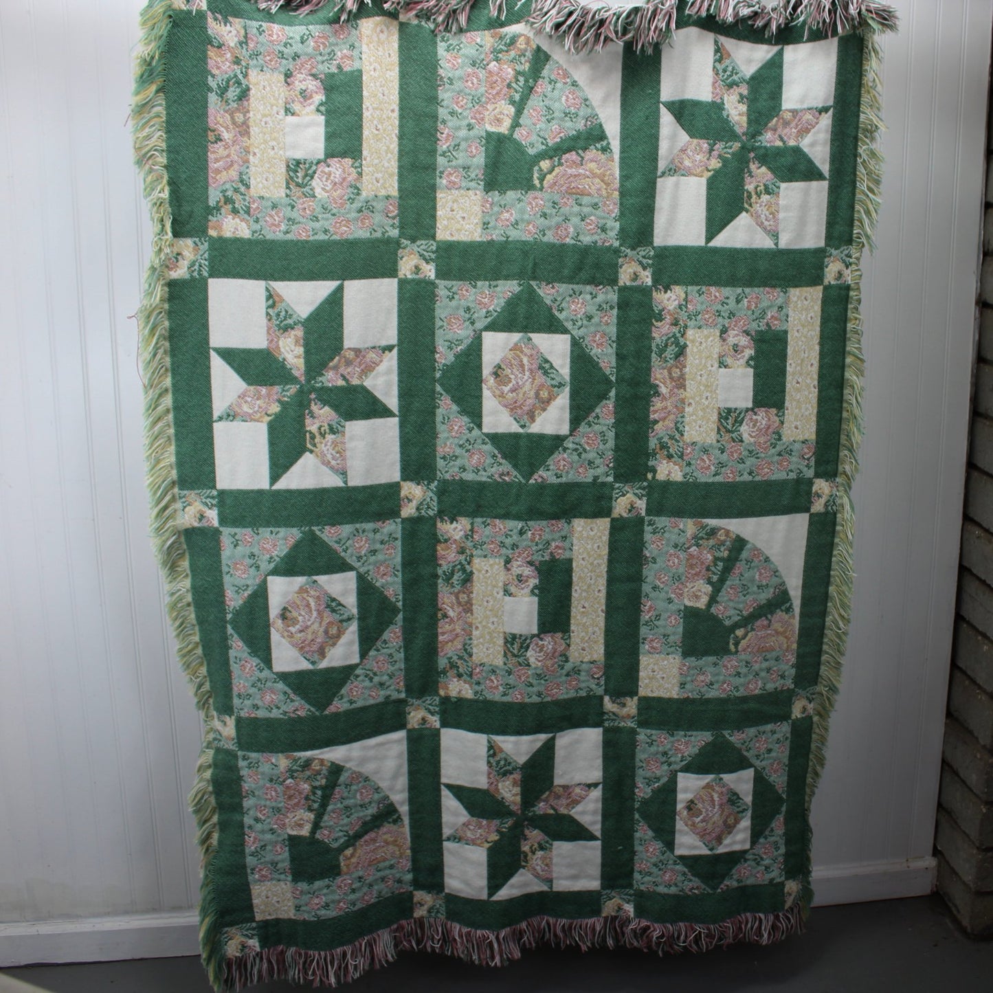 Double Woven Cotton Throw Faux Quilt Block Design Greens Pinks