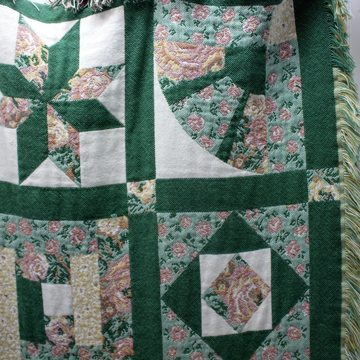 Double Woven Cotton Throw Faux Quilt Block Design Greens Pinks cloeup design