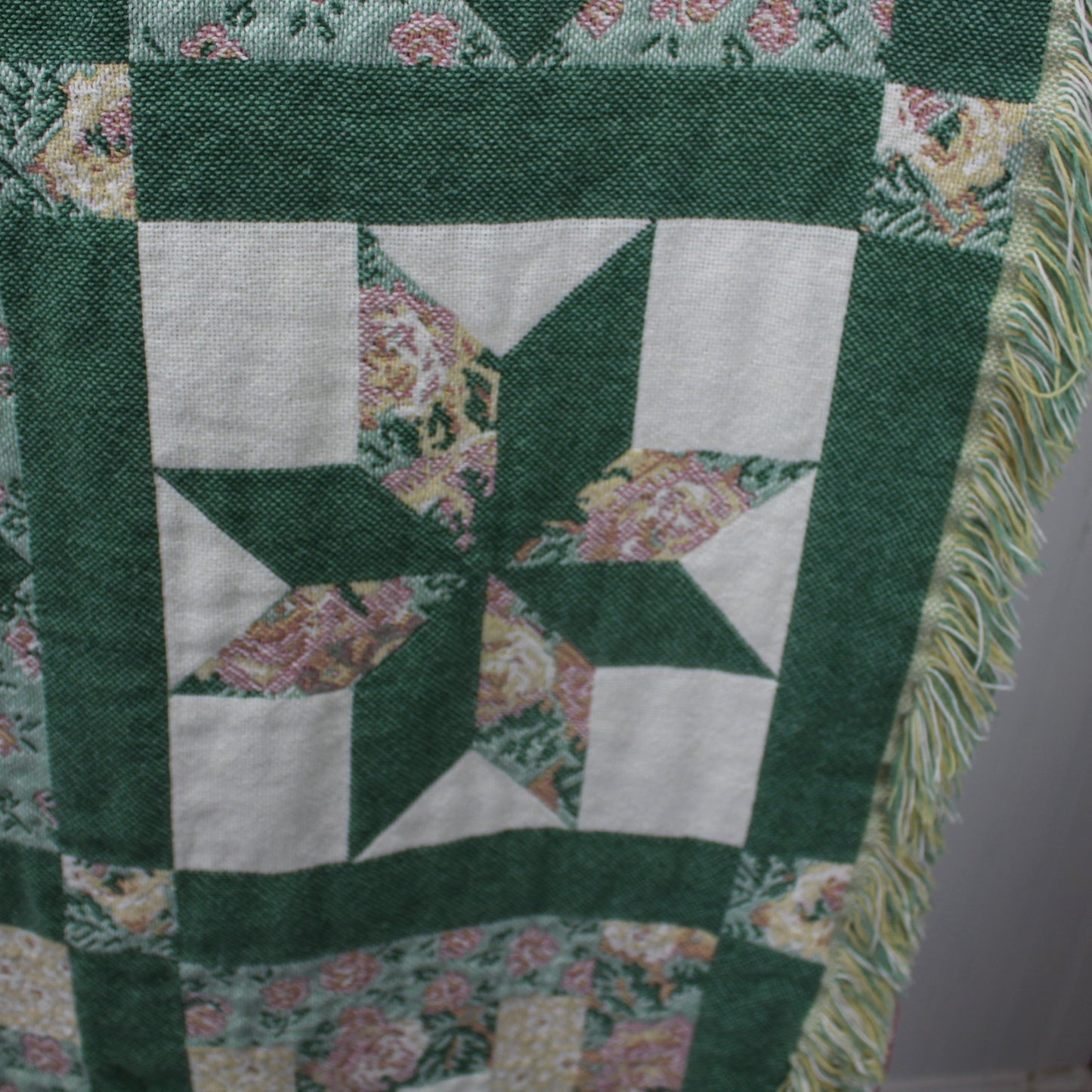 Double Woven Cotton Throw Faux Quilt Block Design Greens Pinks closseup star and weave