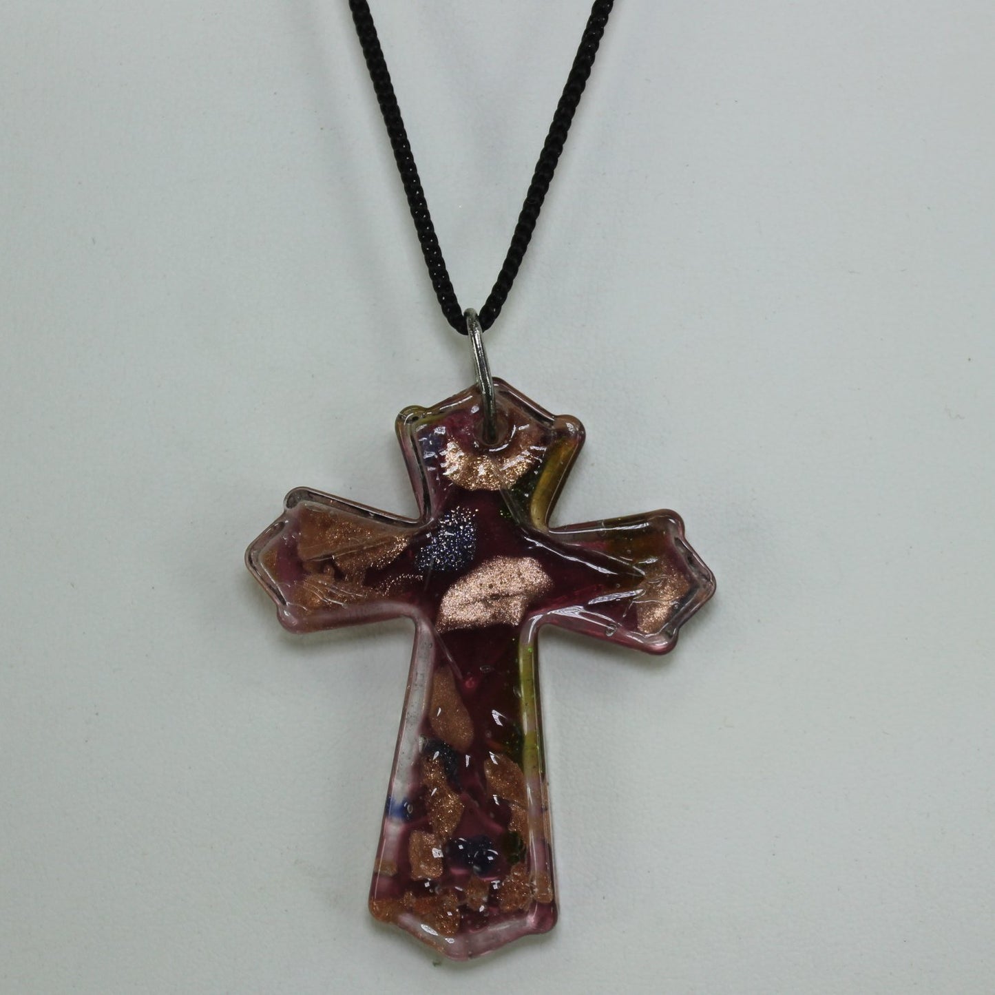 Poured Glass Cross Pendant Necklace Purple Copper Black Cord