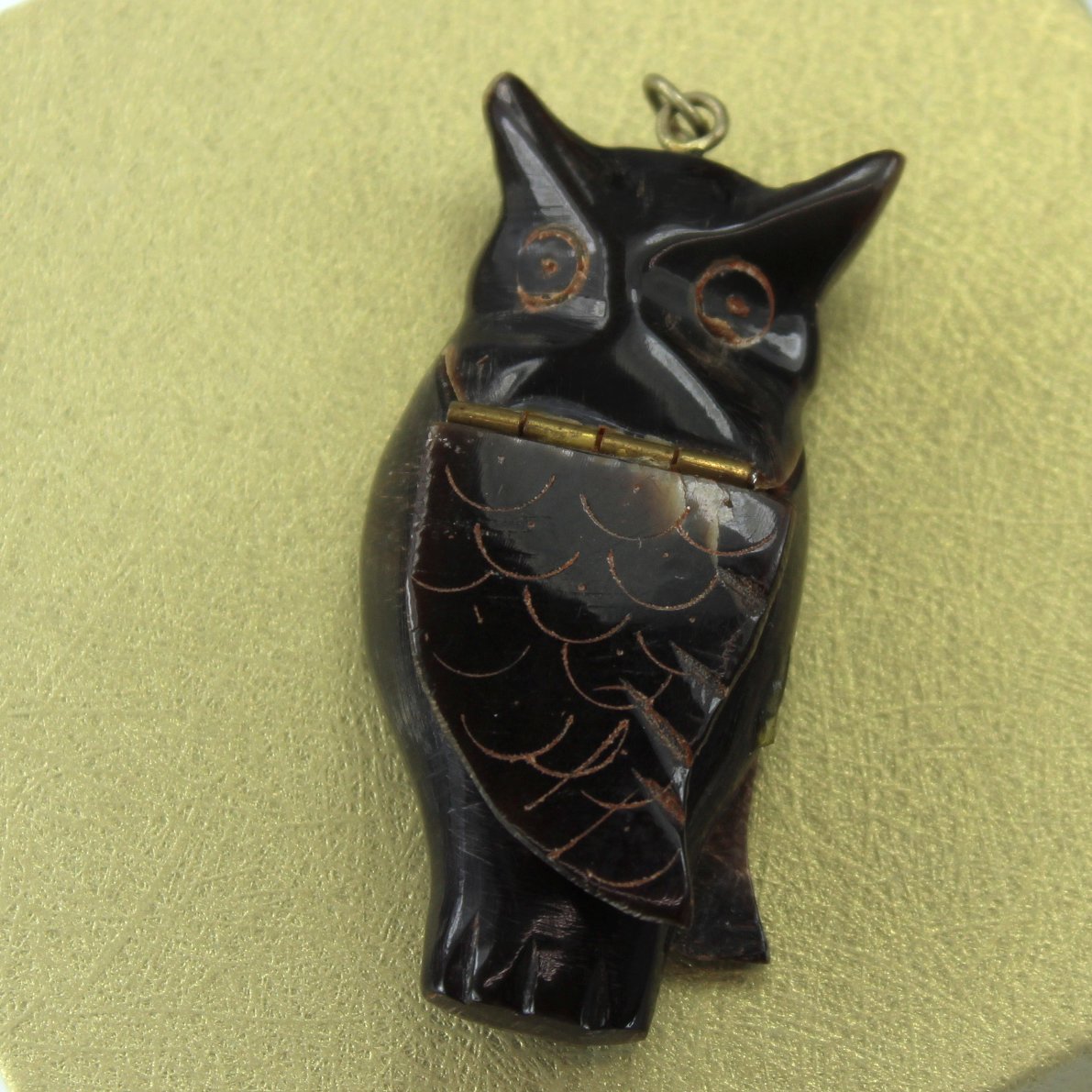 Artisan Made Pendant Necklace Owl Hinged Opening Scent Treasure Inspiration Holder closeup view pendant