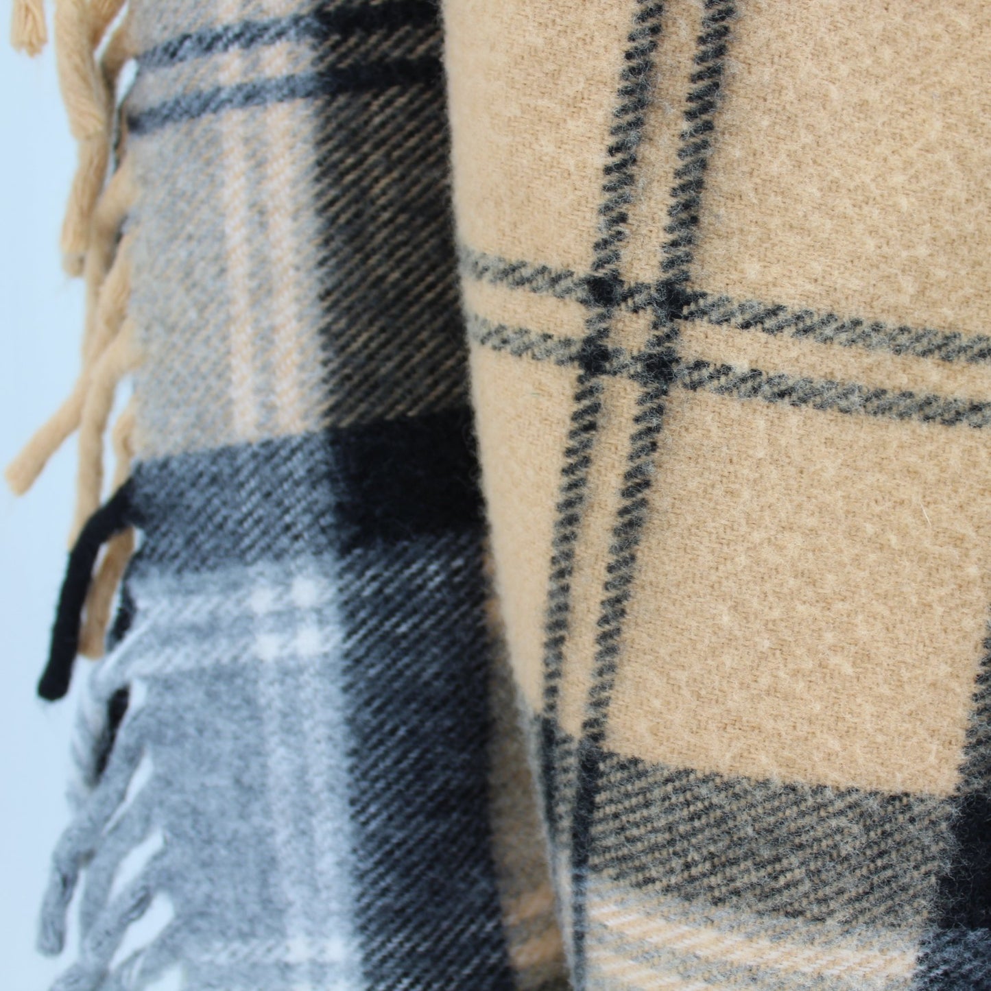 Faribo Acrylic Throw Caramel Grey Black White Plaid - 53" X 40" +3" Fringe very close fiber