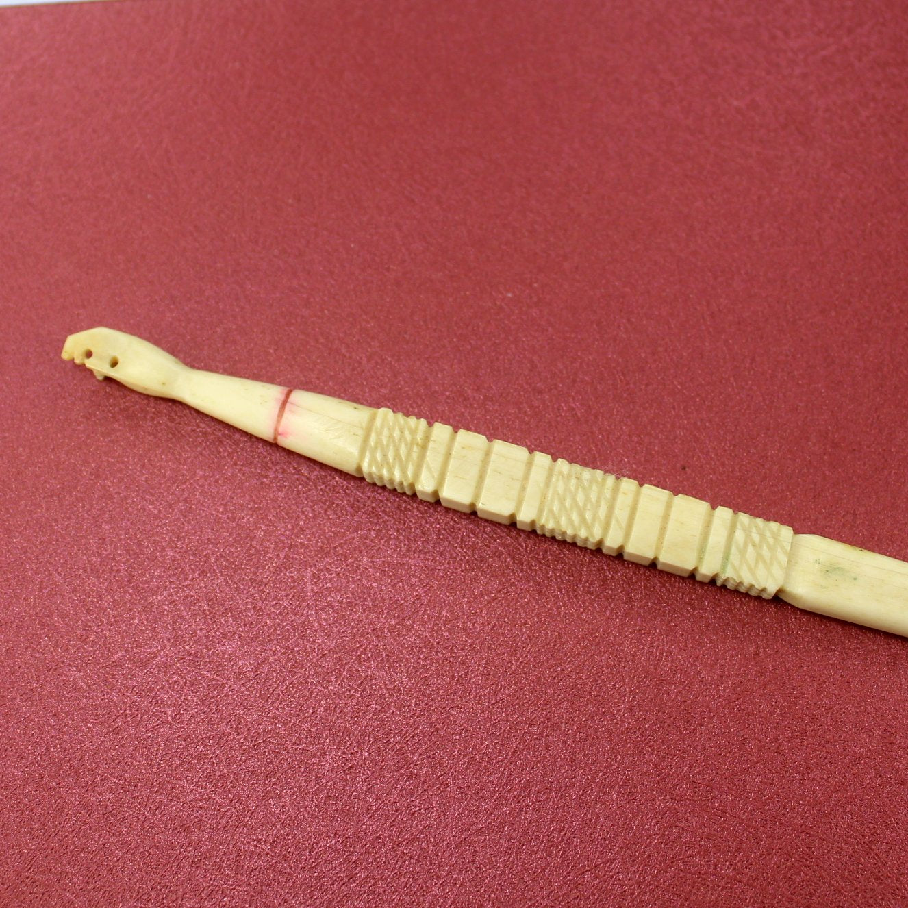 Exquisite Collectible Antique Bone Ivory Crochet Hook Carved Hand Top Decorated Handle side view