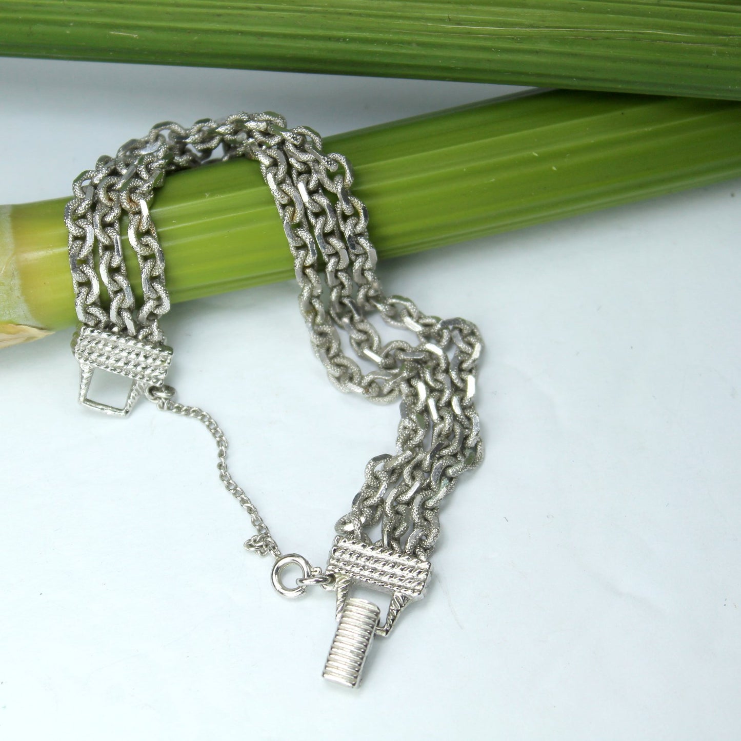Signed Goldette N.Y. Silver one Multi Chain Vintage Bracelet Safety Chain open view bracelet safety chain