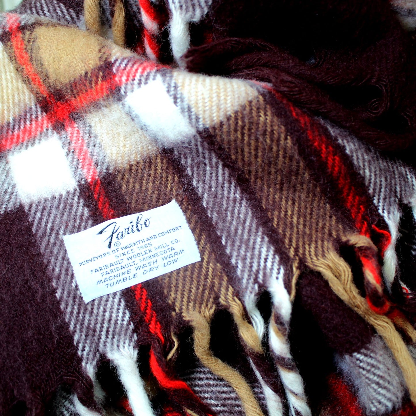 Faribo Acrylic Throw Blanket Brown White Red Plaid 53" X 56" orig tag faribault mill